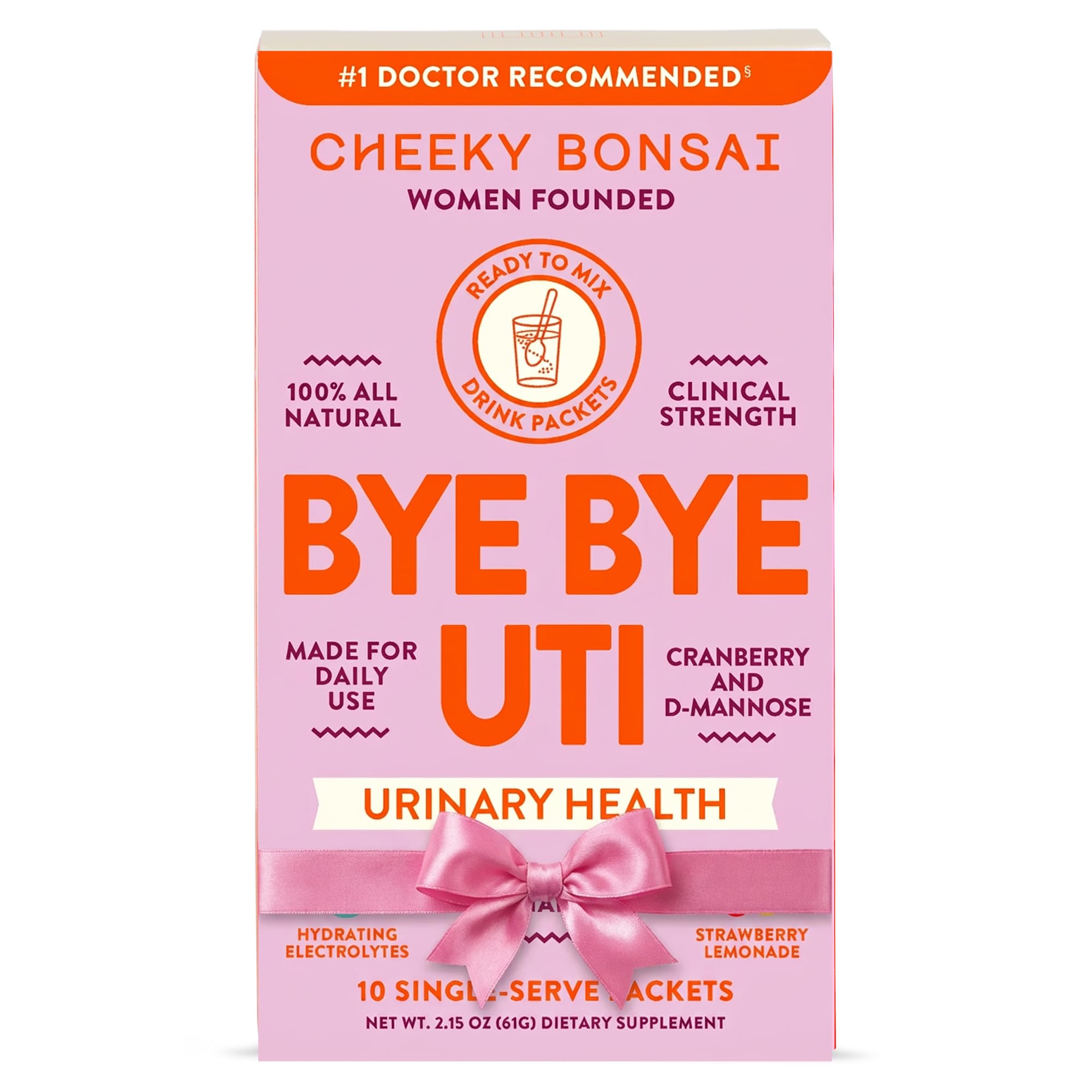 Cheeky Bonsai, Urinary Health Hydration Packets, Flush & Protect the Urinary Tract with D-Mannose, Cranberry & Electrolytes, Hibiscus Lemonade Flavor (10 Packets) No Added Sugar, Vegan and Gluten-Free