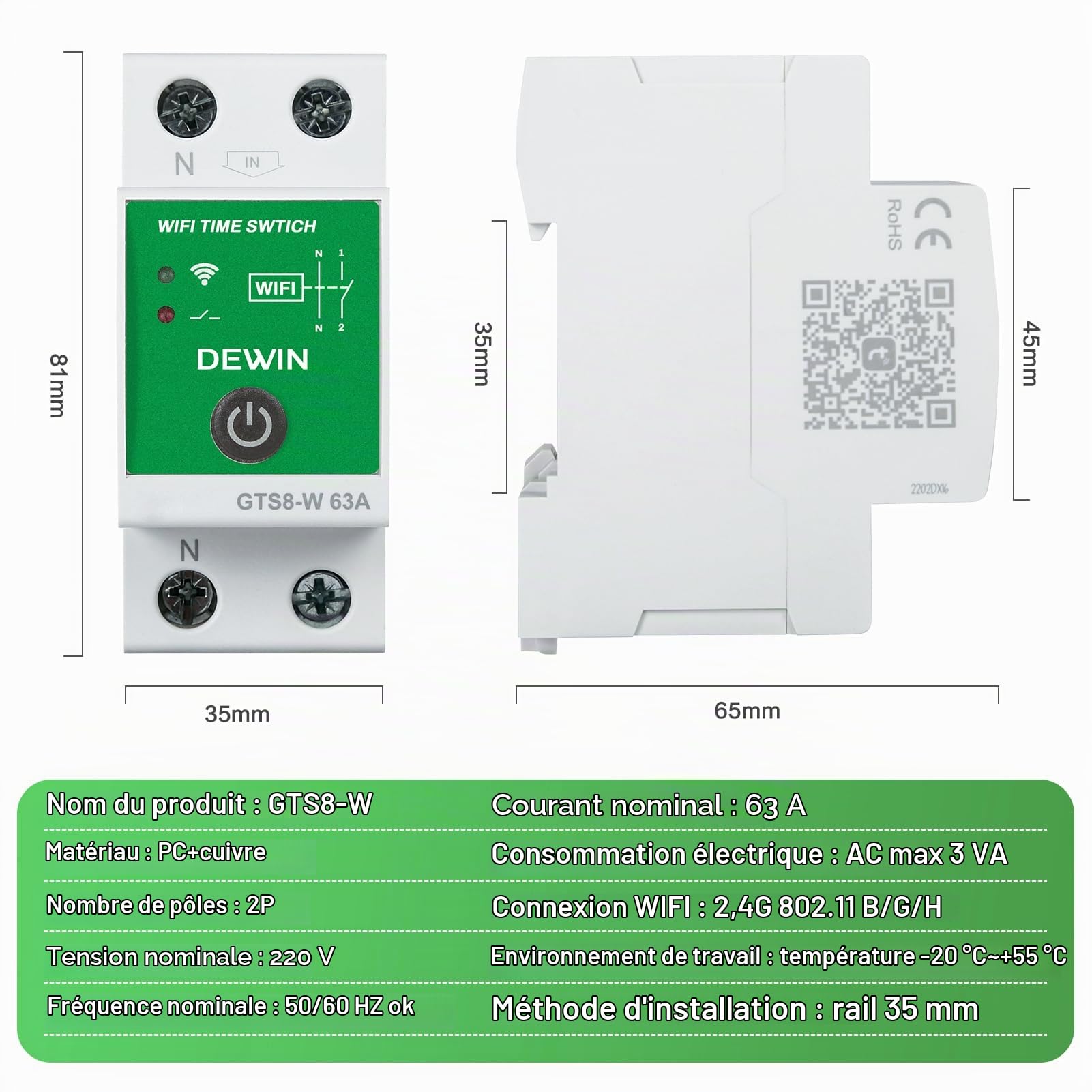 DEWIN Minuterie WiFi, minuterie Intelligente DIN Rail WiFi Interrupteur de Commande Tuya Interrupteur de Commande à Distance avec APP 2P 63A AC 230V