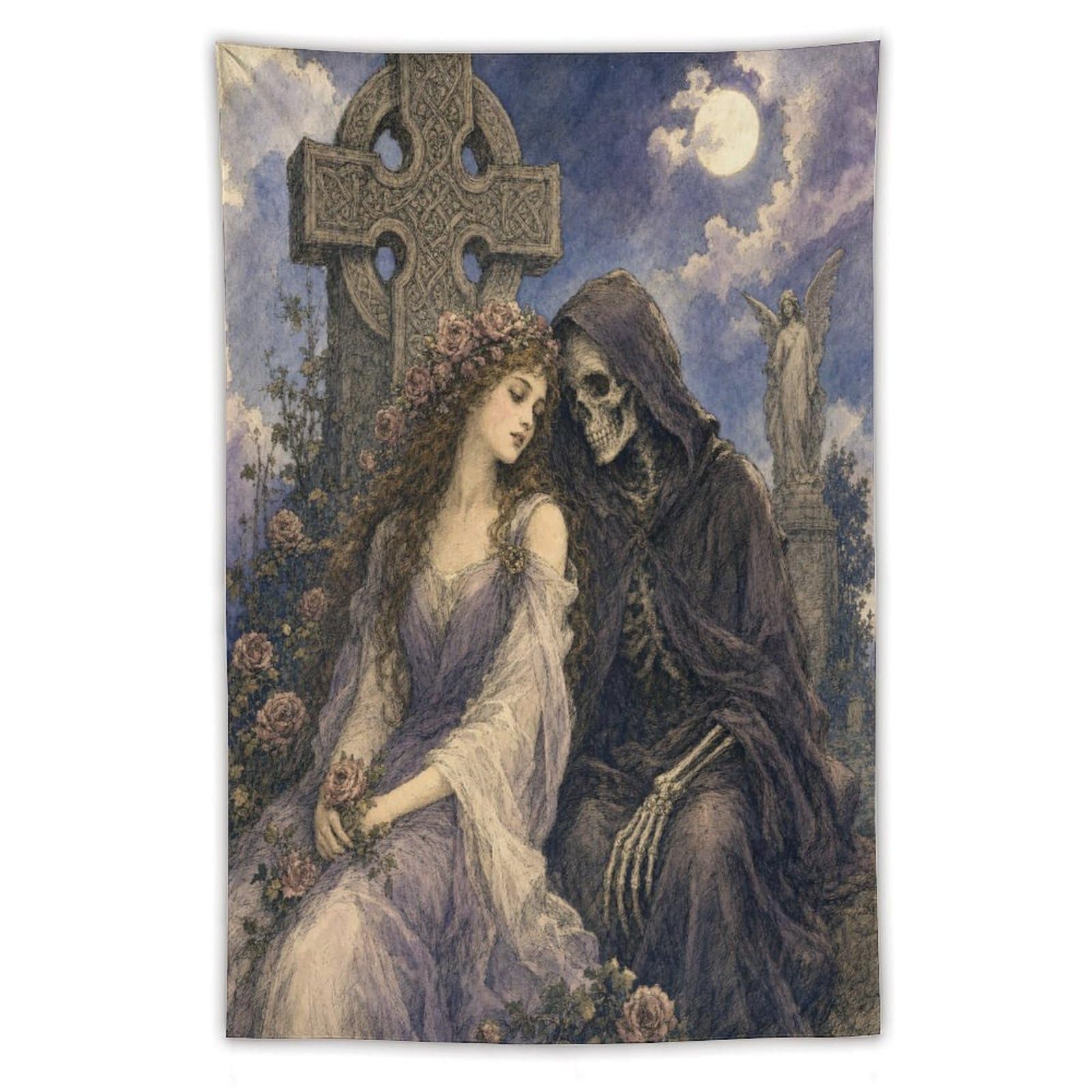 W7C8U2X3 Gothic Bride with Death Wall Tapestry, Fantasy Illustration Style
