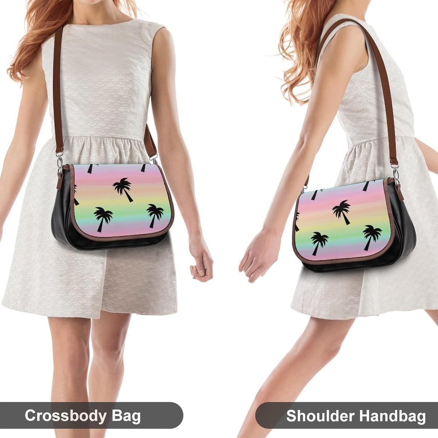 Colorful Rainbow Palm TreeWomen's Faux Leather Crossbody Bag, Waterproof Wrinkle-Resistant Shoulder Bag with Detachable Strap, Large Capacity Casual Handbag, Fashion Daily Purse for Shopping Work Dati