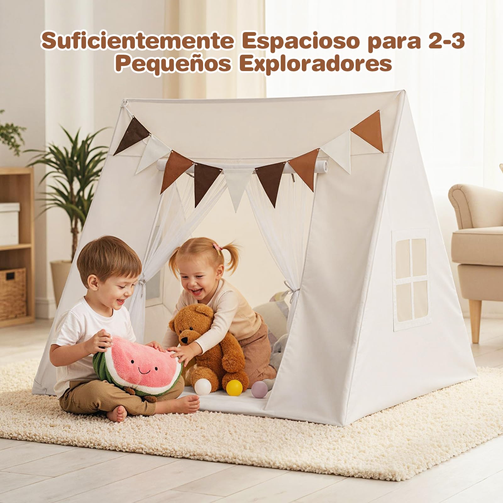 COSTWAY Tienda Campaña Infantil, Casita Infantil Interior con Alfombra Acolchada Lavable, Banderas Coloridas, Casita Niños Tela para Niños de 3+ Años, para Rincón de Lectura, Sala de Juegos