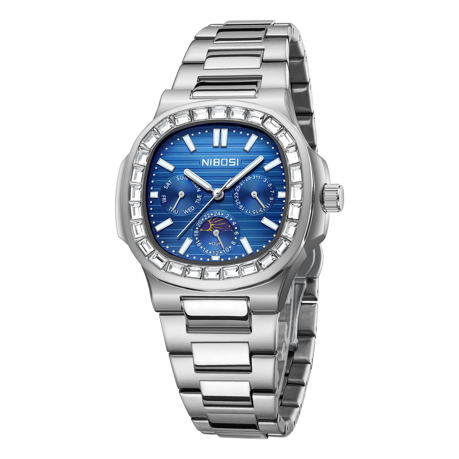 NIBOSI Orologio da polso da uomo analogico al quarzo multifunzione cronografo fase lunare impermeabile luminoso in acciaio inox