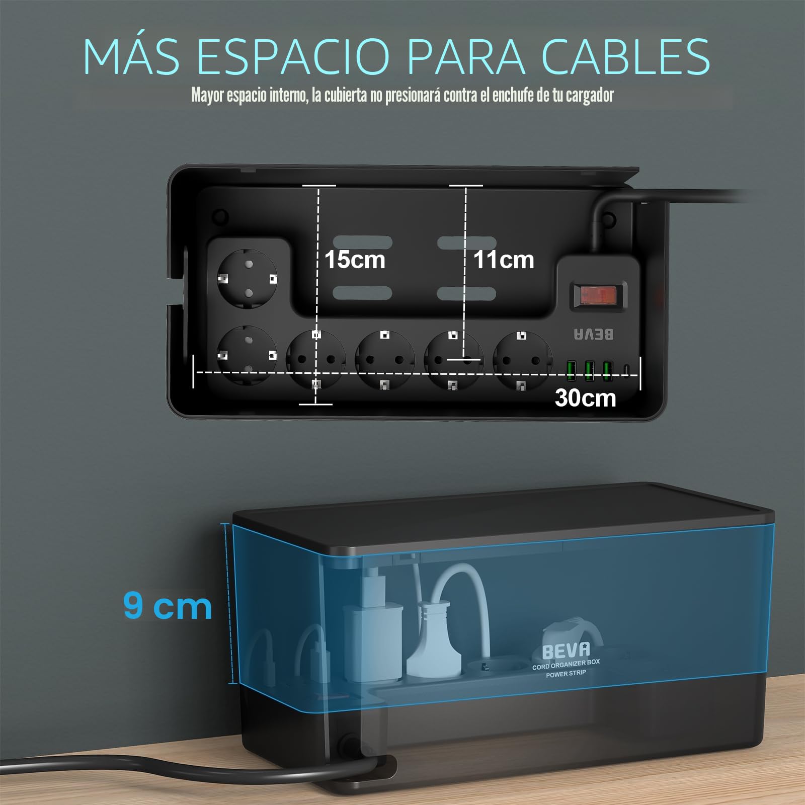 Regleta Enchufe con Caja Organizadora de Cables, BEVA Caja para Cables | Regleta Multiple con 3 USB-A y 1 USB-C, Regleta Protección Sobretensiones, 2M Cable, 3680W, Negro