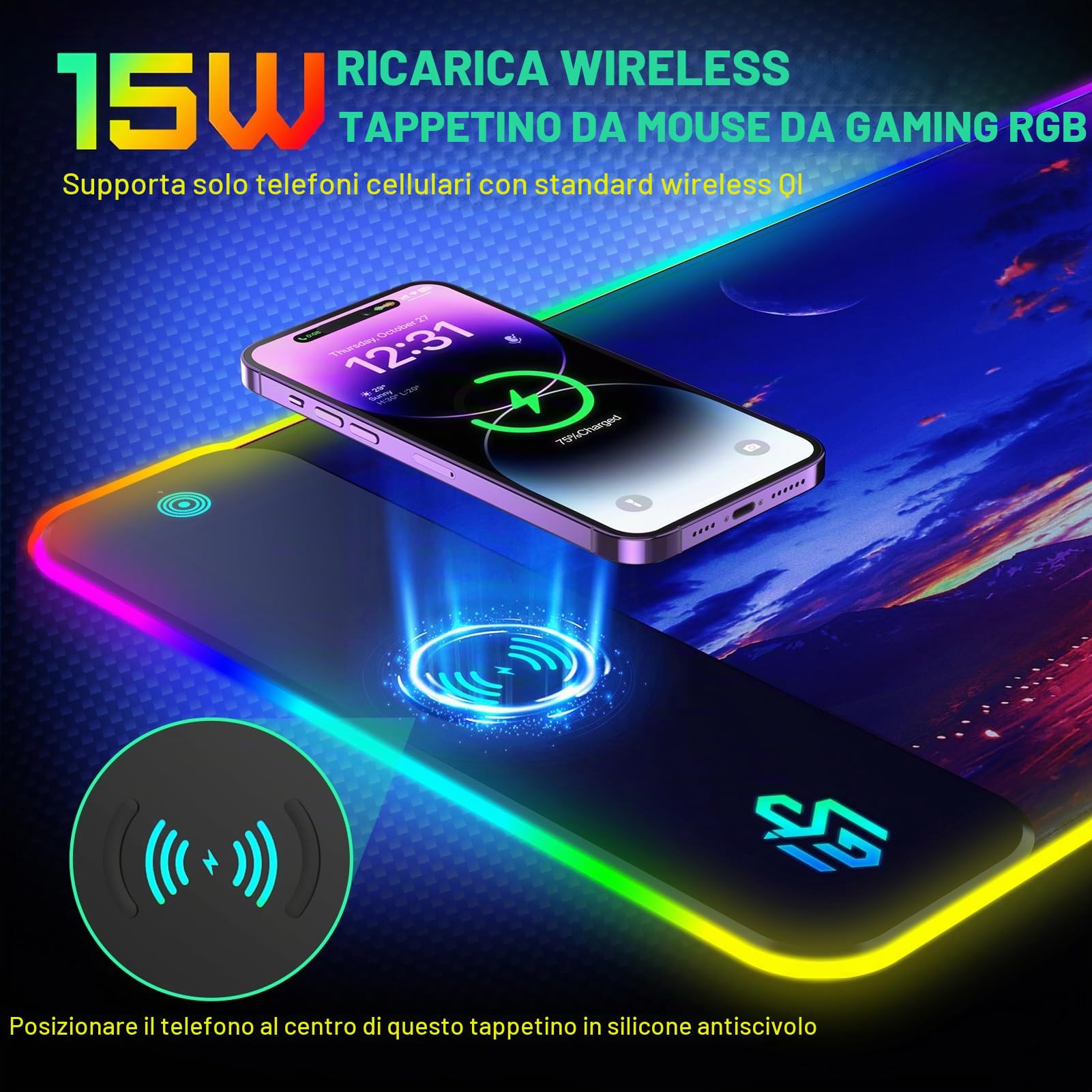 GIM Tappetino per mouse PC RGB a LED da gaming, XXL, 800 x 300 x 4 cm, con motivo a stelle, anime, per scrivania