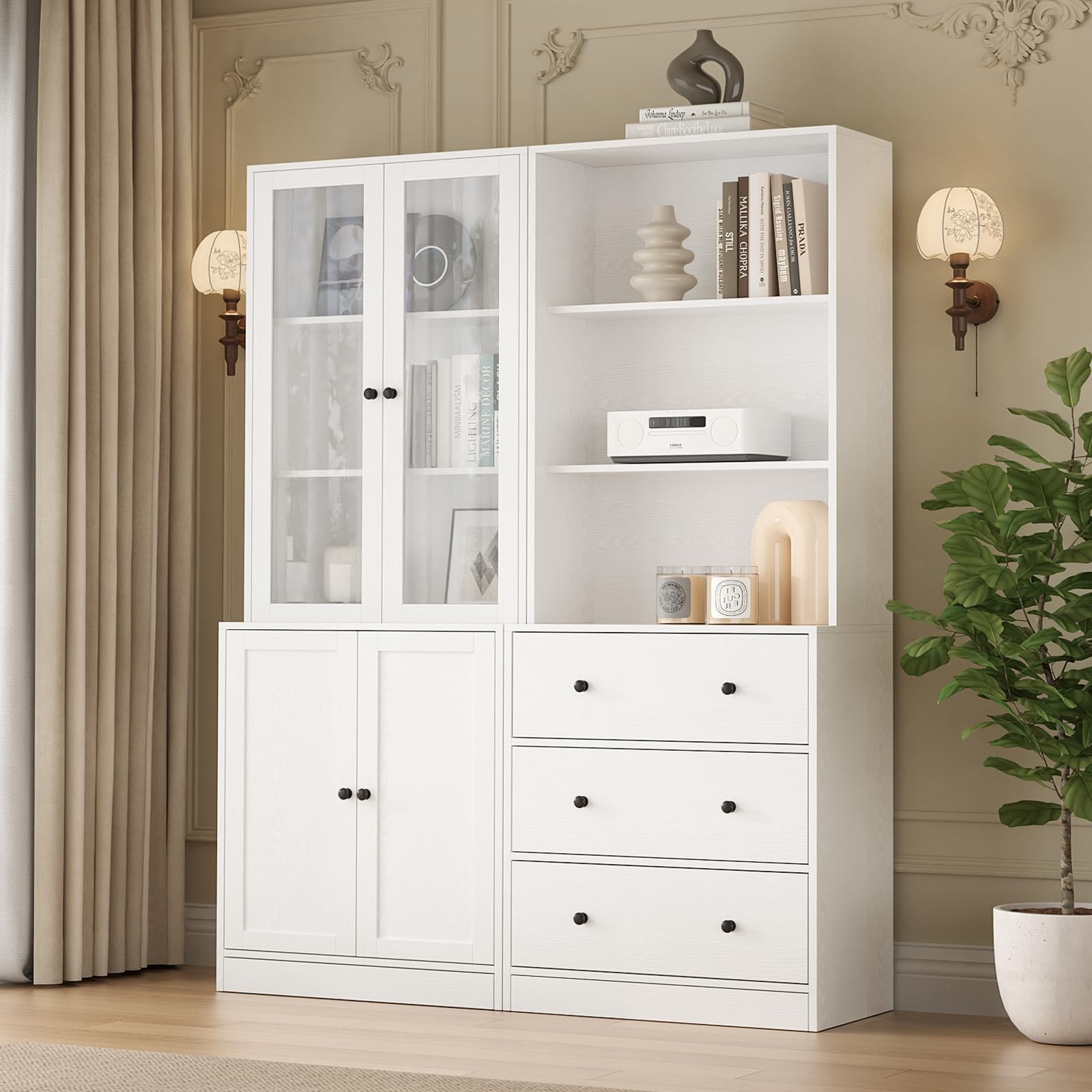 VOWNER 180cm High Bookshelf with Storage - Set of 2 (white)