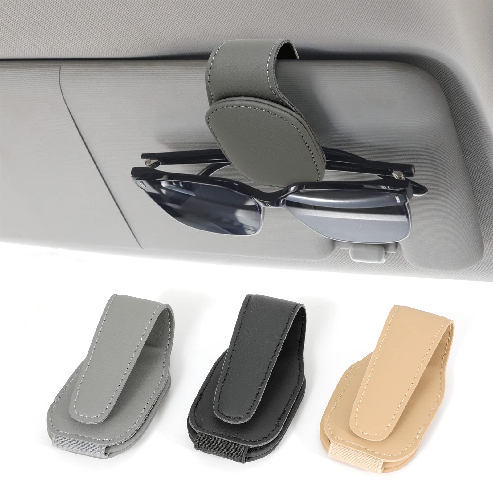 Sunglasses Holders for Car Sun Visor, Leather Eyeglasses Hanger Mounter, Magnetic Glasses Holder and Ticket Card Clip, Auto Interior Accessories Universal for SUV Pickup Truck (Gary 1pcs)