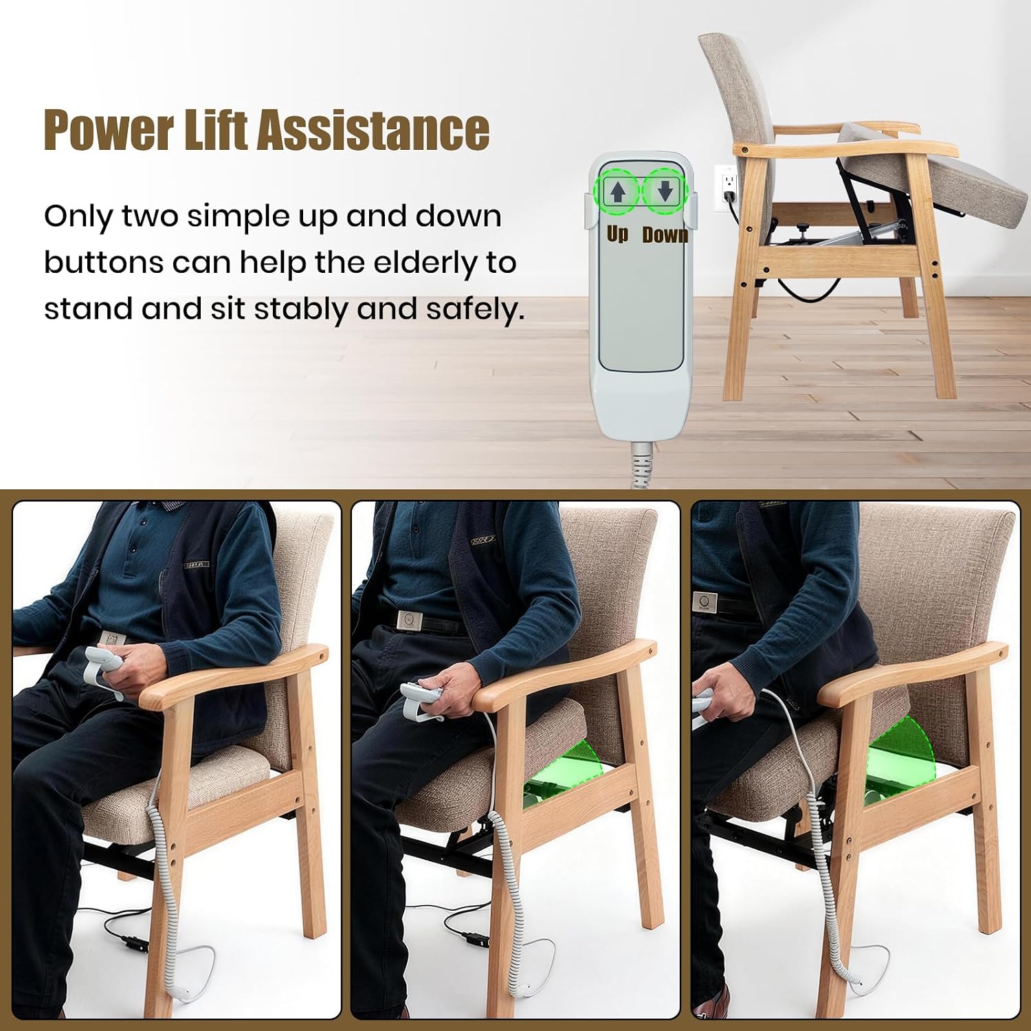 EasyVibe Power Lift Chair for Elderly - Solid Wood Sit to Stand Chair with Reinforced Steel Frame, Electric Upholstered Armchair for Seniors, Office Assist & Compact Dining, 280 lbs Capacity, Beige