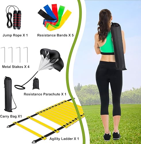 Miniatura 2 de Juego de equipo de entrenamiento de fútbol, 20 pies 12 peldaños Pro Speed & Agility Escalera, paracaídas de resistencia, cuerda de saltar, 5 bandas
