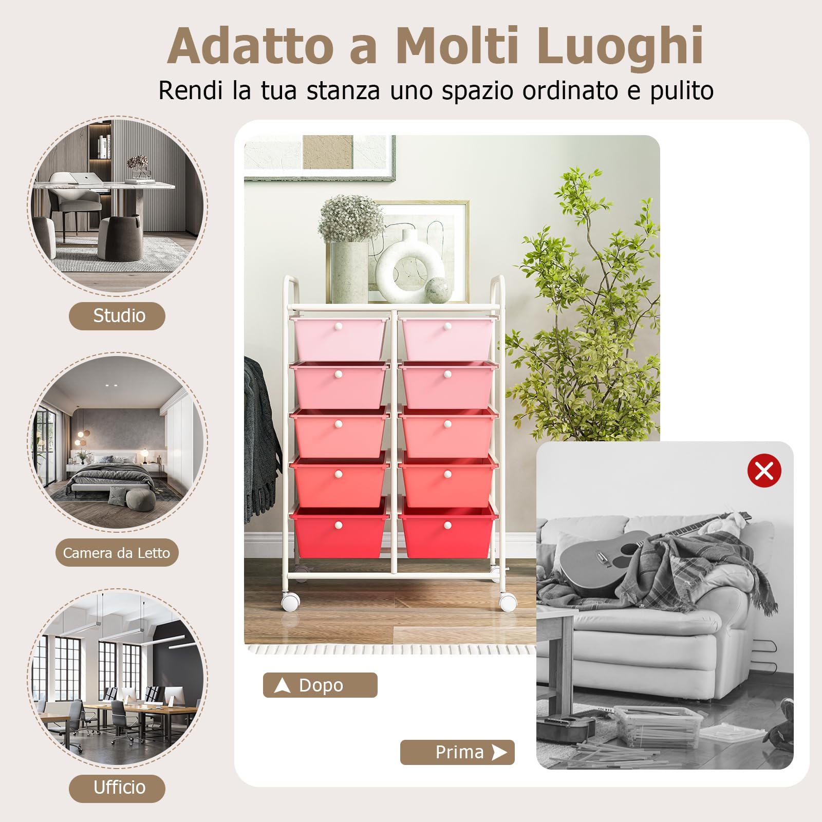 GYMAX Carrello Portaoggetti a 10 Cassetti con Ruote Bloccabili, Carrello di Stoccaggio, Leggero Multifunzione per Scuola, Ufficio, Casa, Studio, 65,5 x 37 x 87 cm (Rosa)
