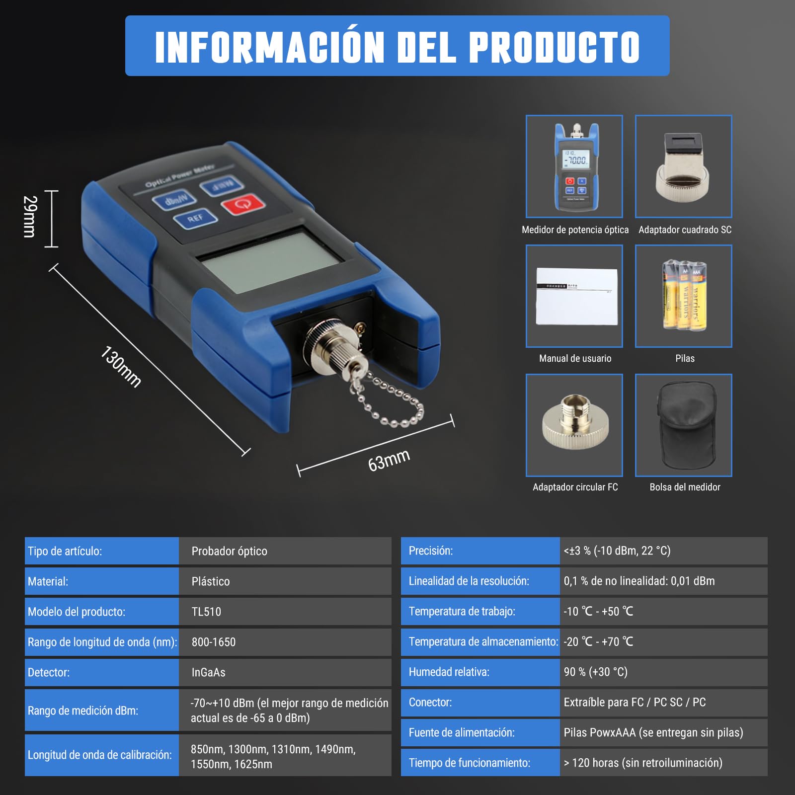Medidor de Potencia de Fibra óptica, -70~10dbm Portátil Medidor de Potencia óptica Optical Power Meter, Probador de Fibra ópticas con 850-1625nm 6 Longitudes de Onda de Calibración Para FC/PC SC/PC