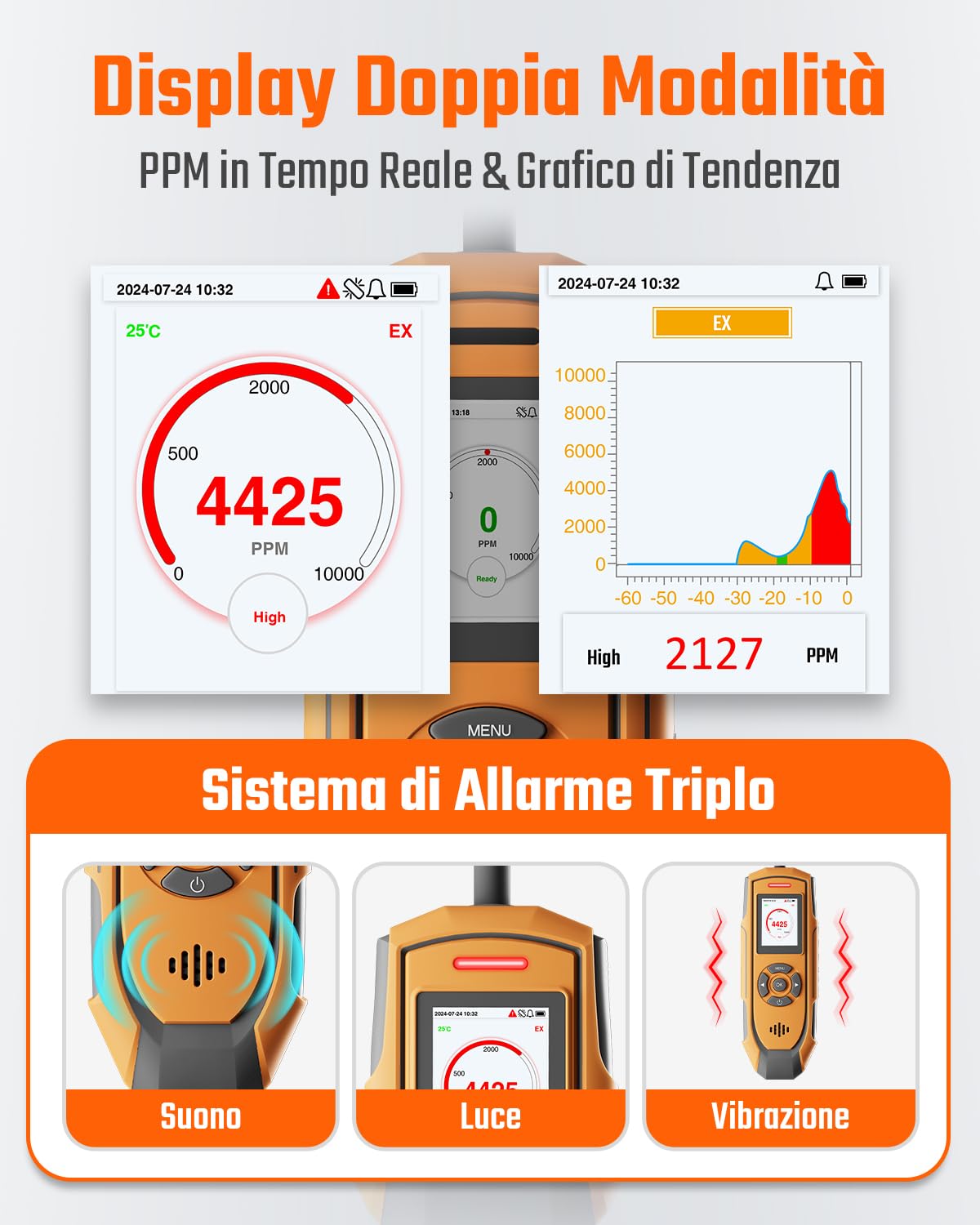 TopTes Rilevatore di Gas Ricaricabile PT-990 con sonda da 28 cm, intervallo di rilevamento 0–10000 ppm, registrazione dati e 3 tipi di allarme, Rilevatore Perdite di Gas per propano, metano -Arancione