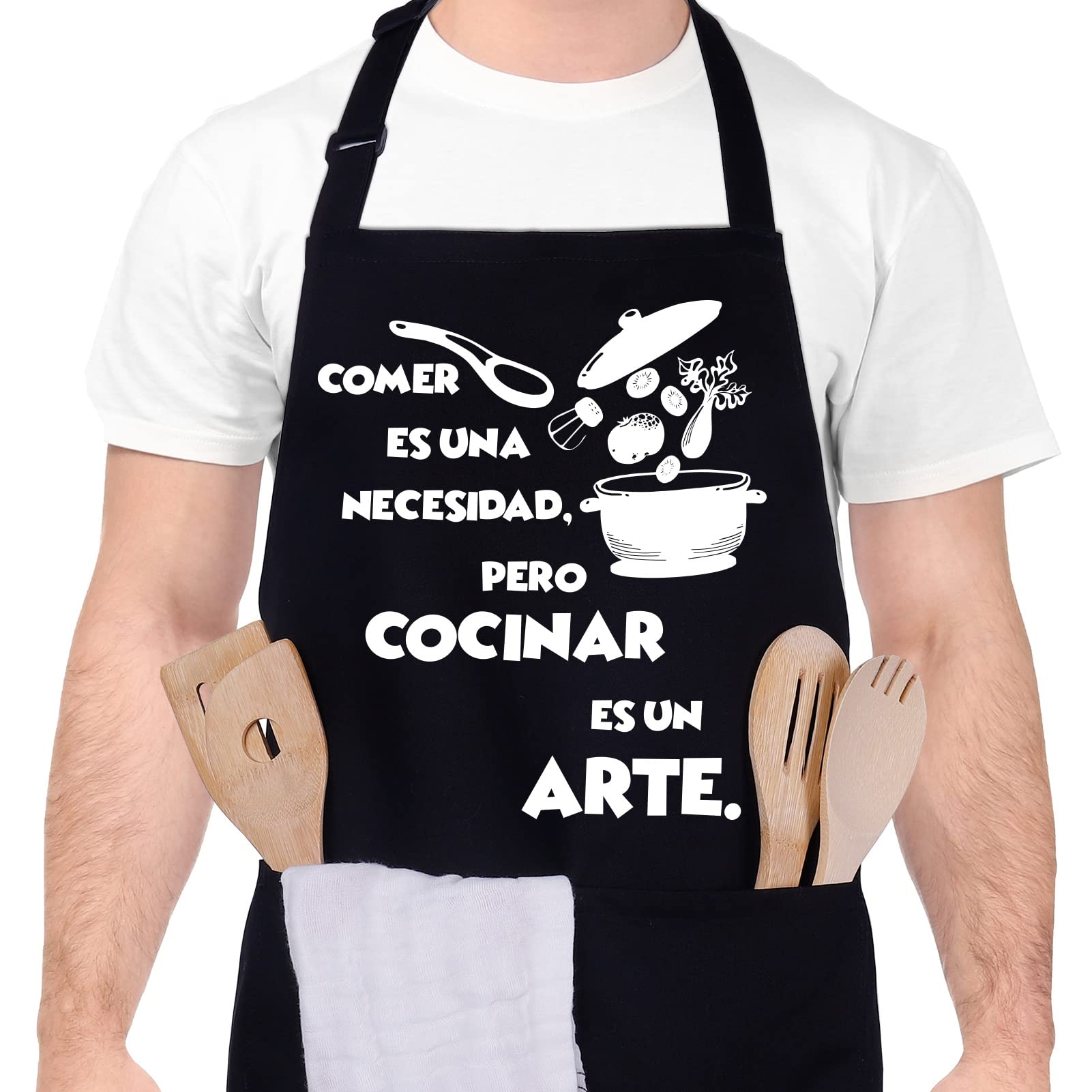 FRIUSATE Delantales de Cocina para Hombres Delantal impermeable con 2 Bolsillos Ajustable Delantales Antiincrustante Negro Delantal Padre Regalos Delantal Cocinero para Papá, Esposo, Novio, Abuelo