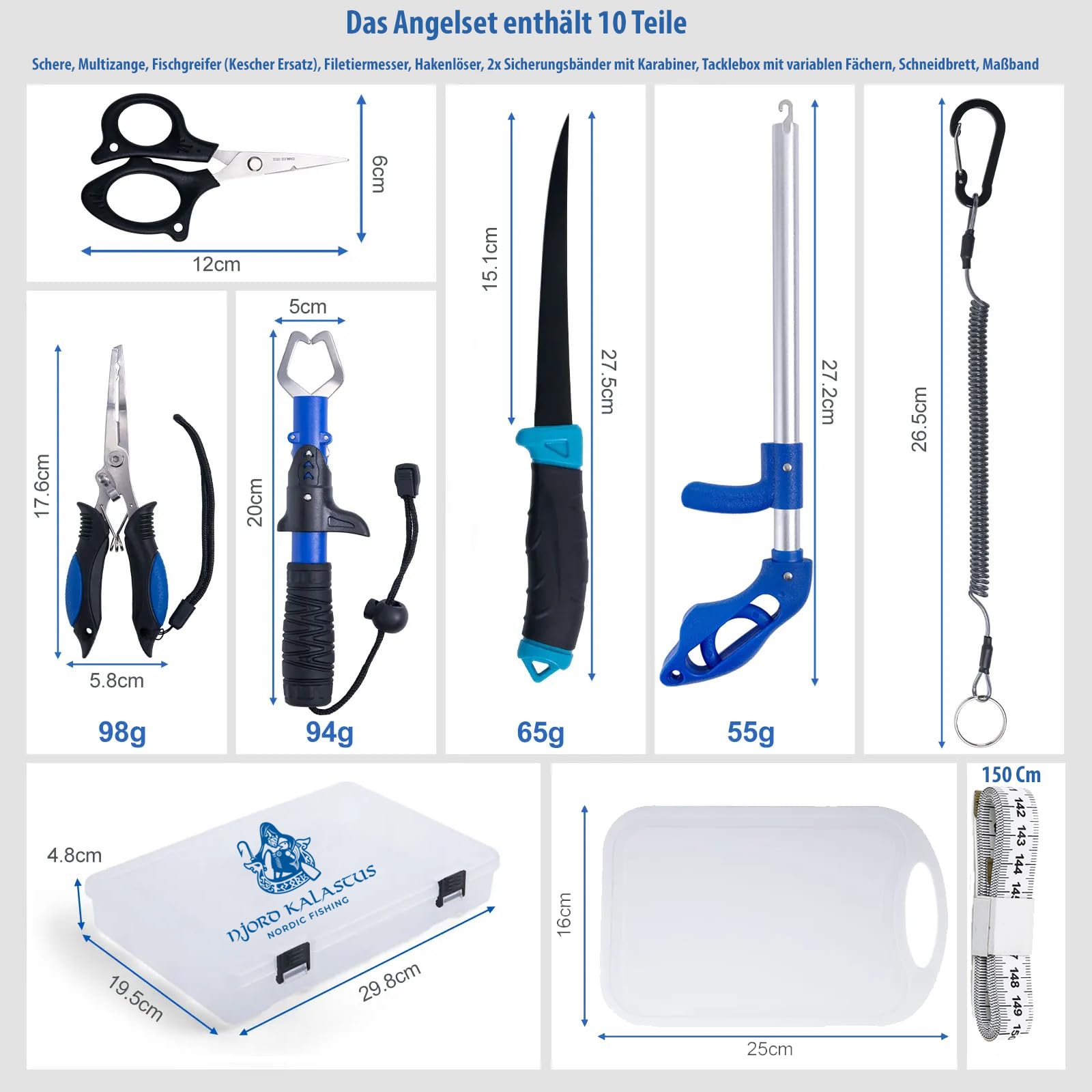 Angelset Komplett für Einsteiger & Profis Multifunktionale Angelbox mit Filiermesser, Maßband, Hakenlöser, Fischgreifer, Schere, Multizange & Schneidebrett Perfektes Fischen Set & Angelkoffer Zubehör