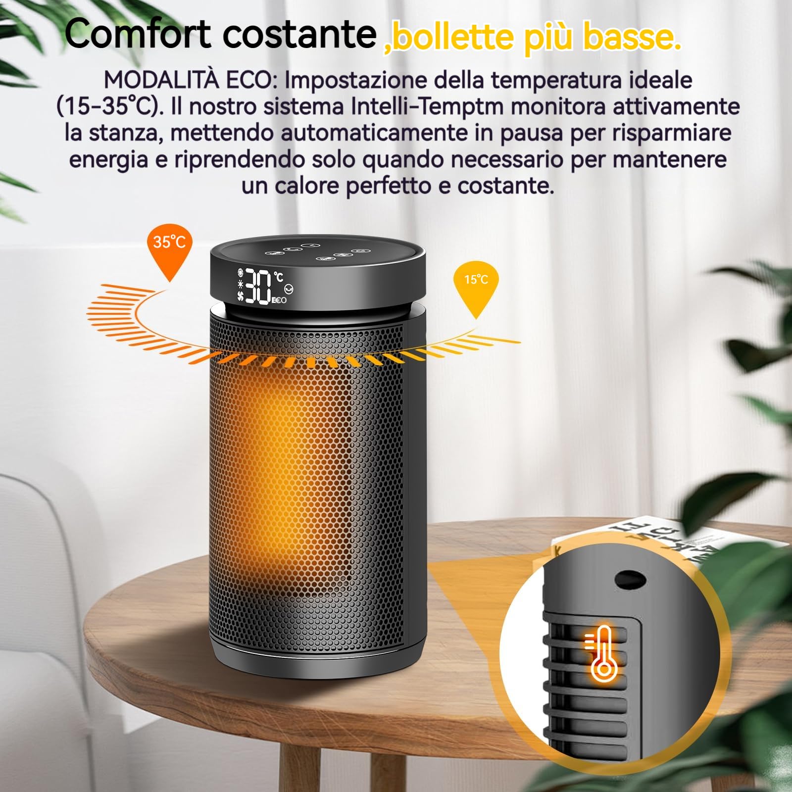 Stufa elettrica basso consumo 1500W, Termoventilatore Riscaldamento elettrico, piccolo radiatore elettrico portatile con termostato timer 12 ore, protezione antiribaltamento e surriscaldamento