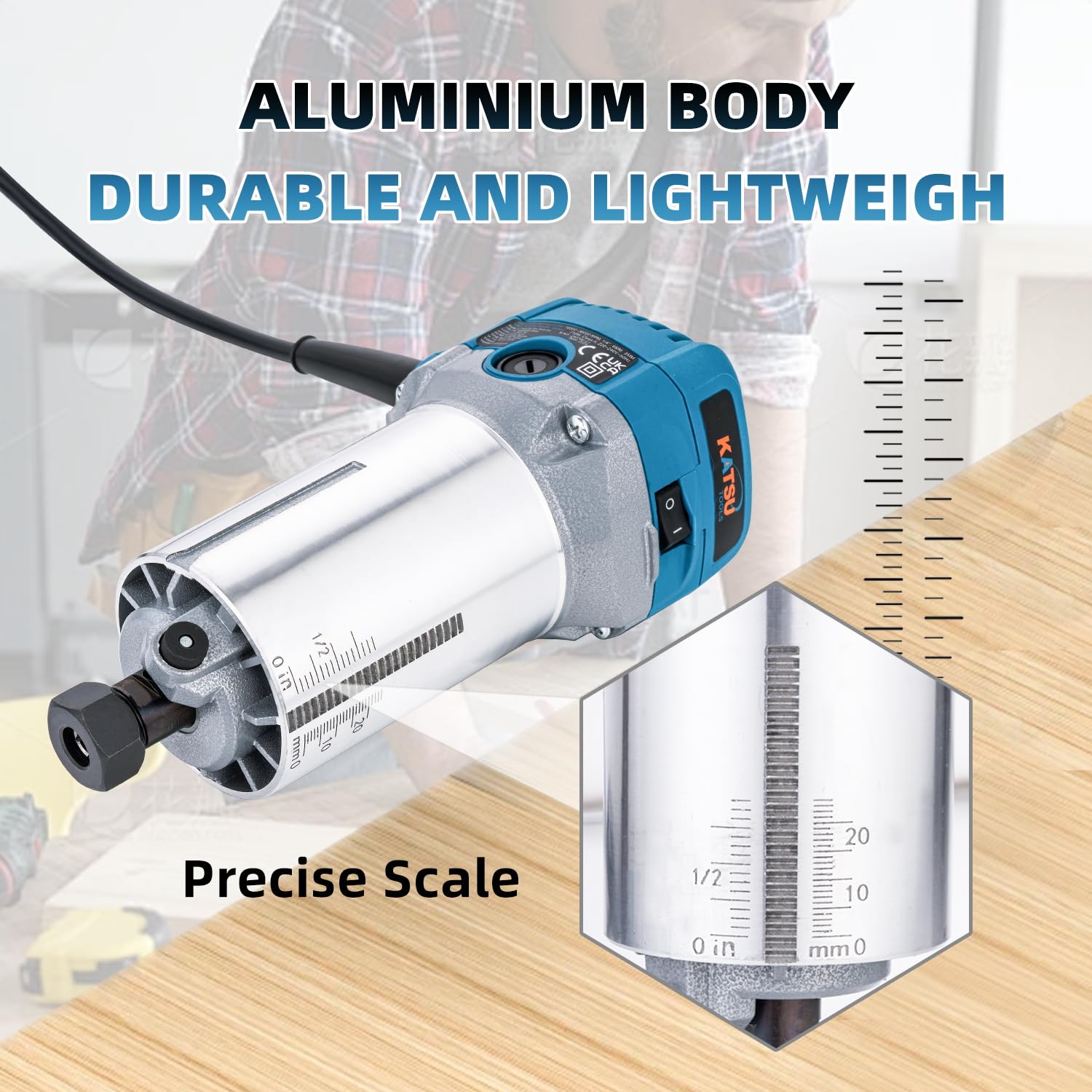 KATSU Tools Elektrohobel/Trimmer Holz 710 W – Soft-Start, Eintauchbasis, Aluminiumgehäuse, 3 Spannzangen (1/4″, 6 mm, 8 mm) Heimwerken