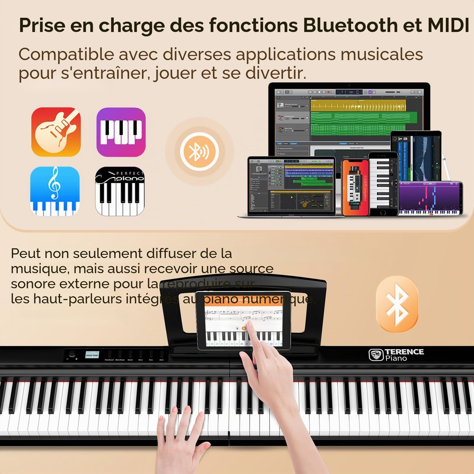 TERENCE Pliable Piano Numérique 88 touches avec Haut parleur 2x25W Batterie de 2000mAh lestées Pédale de Sustain interface MIDI avec support de partitions Bluetooth Sacs pour Piano Câble audio Casque