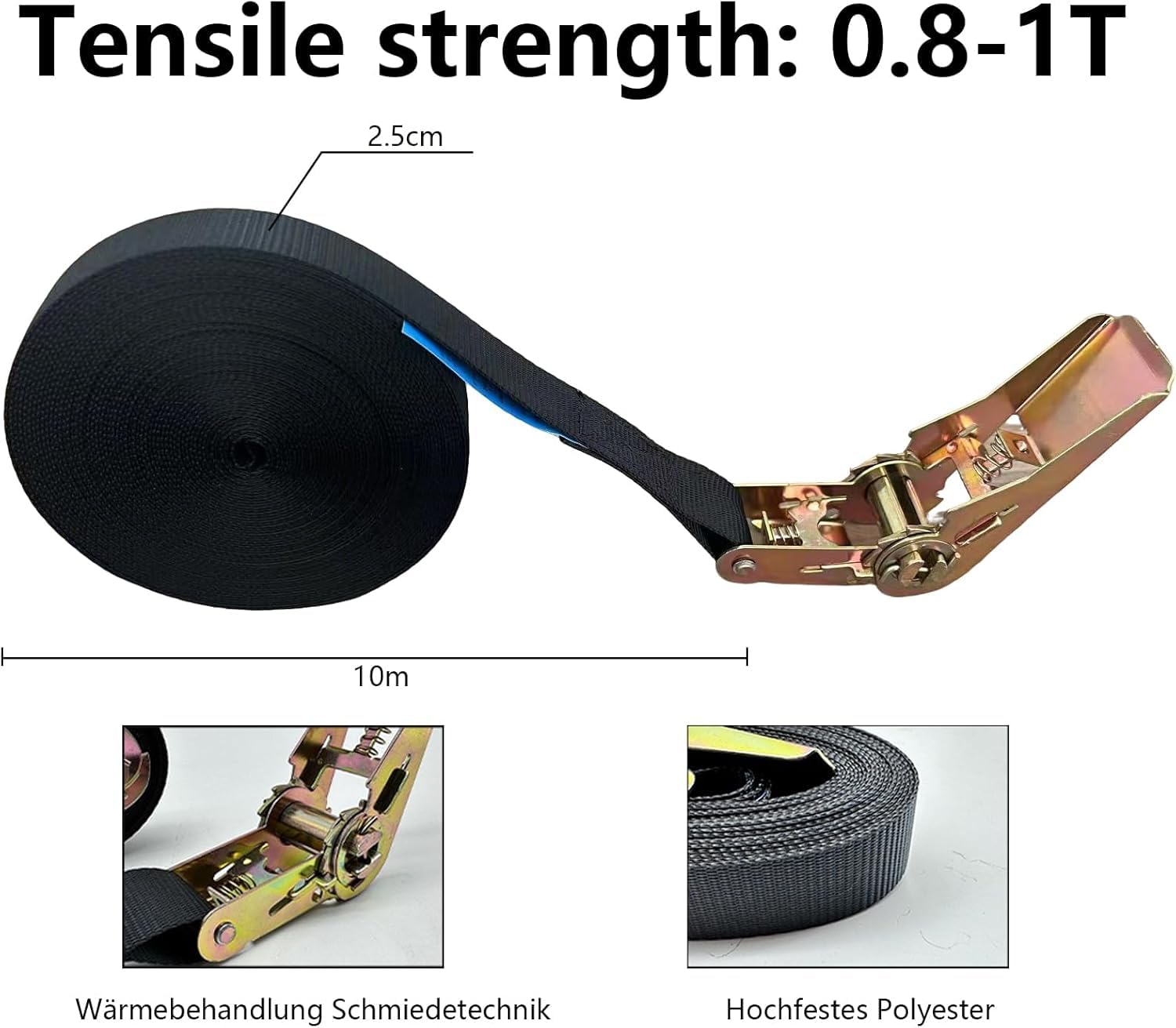 2Pcs 10M Ratchet Tensioner, BetterJonny Tie Down Straps with Ratchet with Pressure Tensioner Straps Load 1000 kg Strap for Ratchet Cargo Holding Strap for Motorcycles Cargo Trucks Trailers, Negro