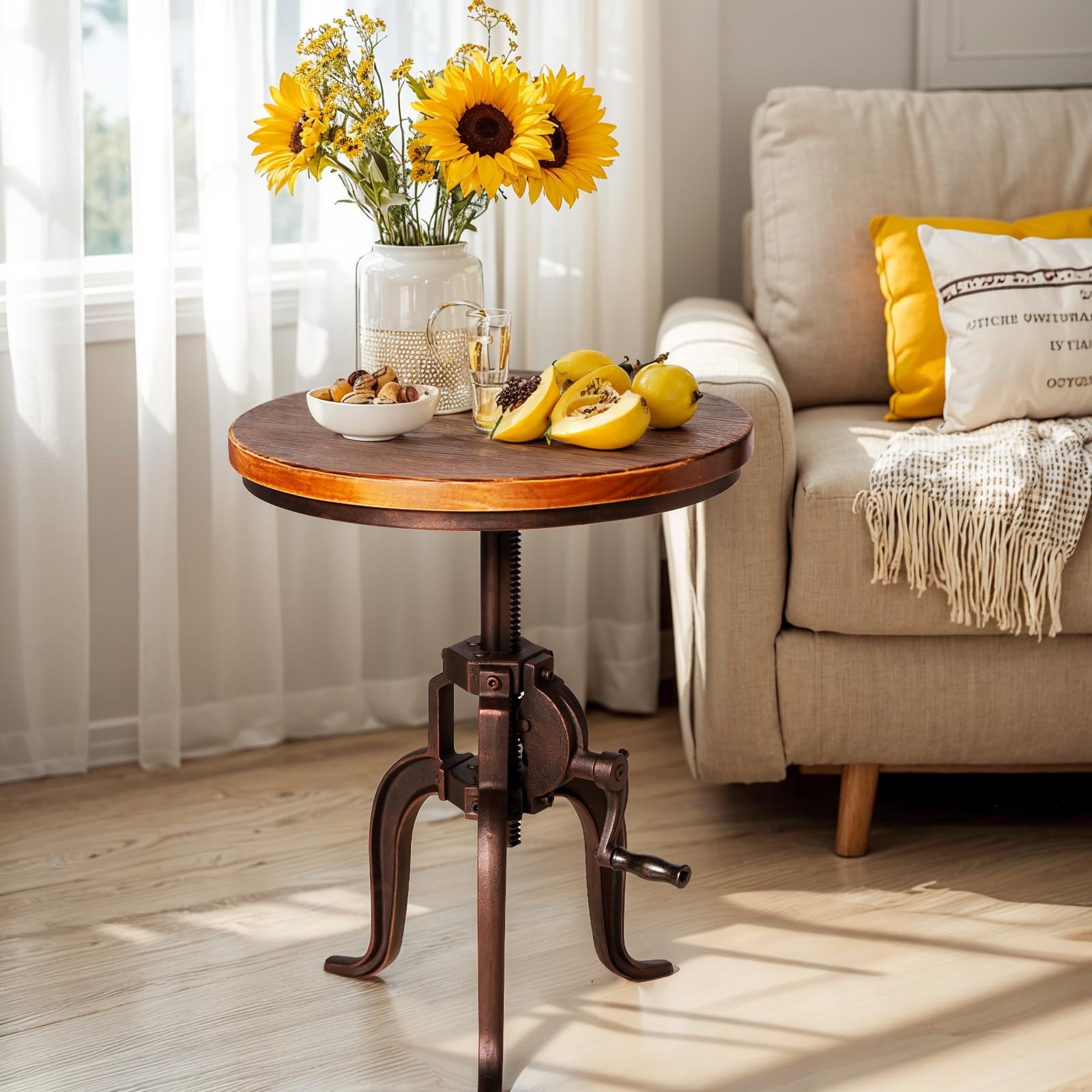 Industrial Iron Adjustable Crank Accent Table | Walnut Wood Top/Copper Home Decor Crank End Table