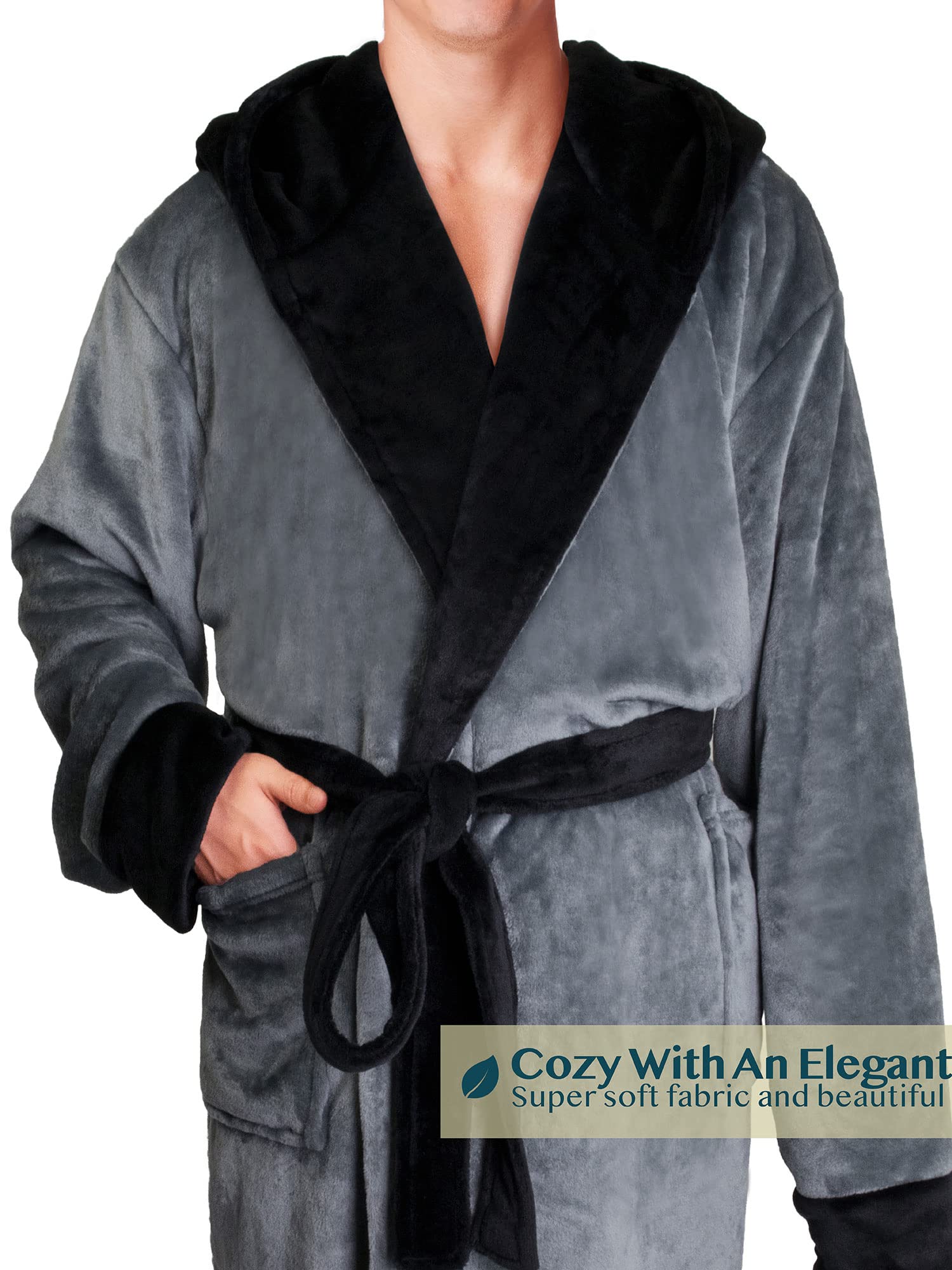 PAVILIA Mens Robe, Hooded Soft Robe for Men, Fleece Bathrobe with Hood