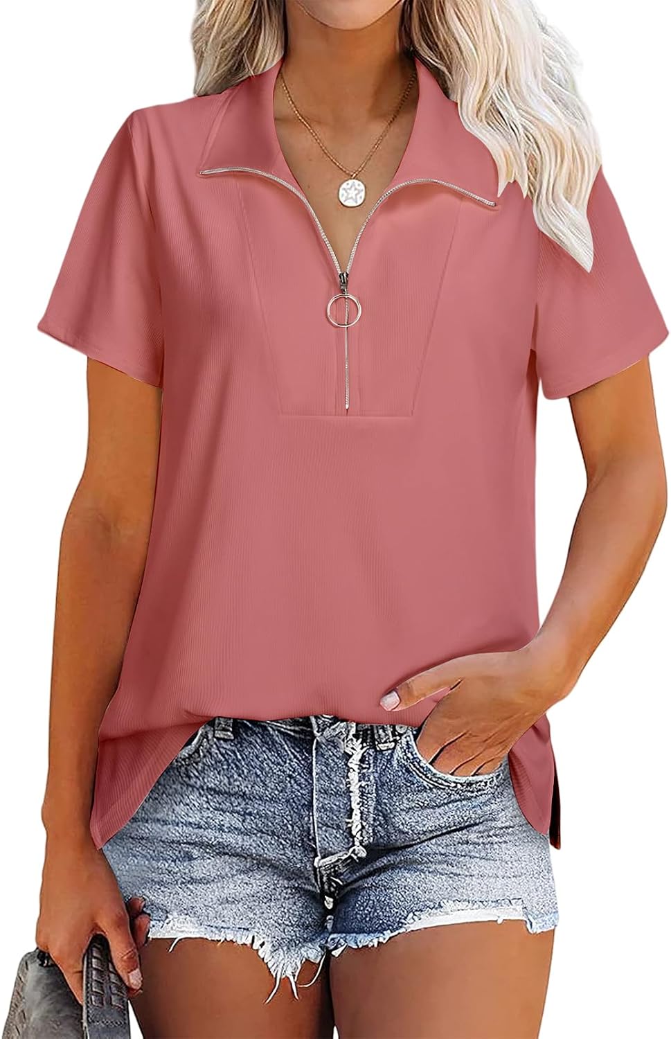 Womens Short Sleeve Polo Shirts Dressy Casual Summer Zipper V Neck Tops Business Loose Fit Blouses 2025 Fashion