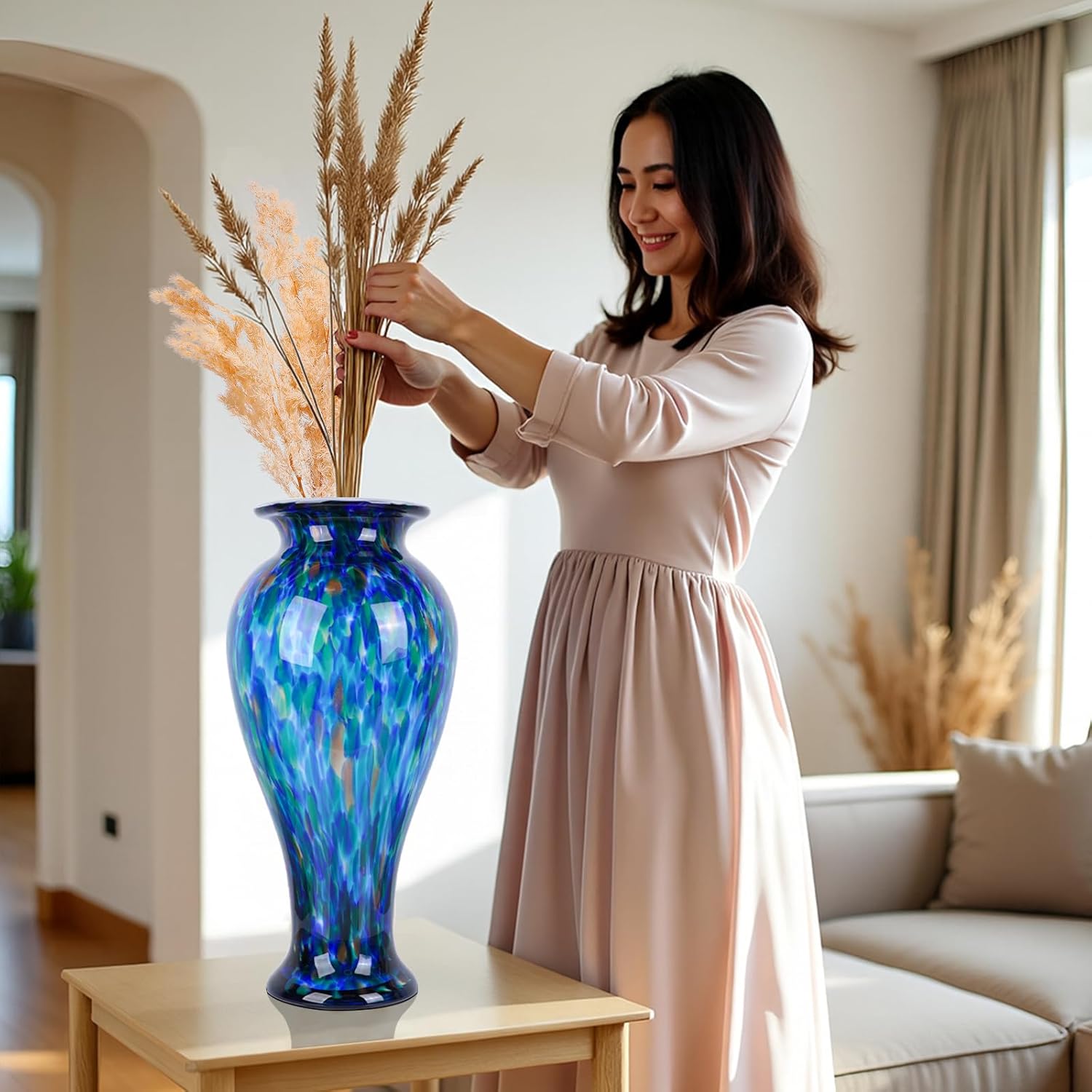 20" Tall Teal Blue Glass Vase Hand Blown Large Floor Glass Vase Home Decor, Pretty Modern Teal Blue Flowers Vases, Jarrones Grandes para Sala Elegantes, Large Vases for Living Room Wedding Decor - Image 4