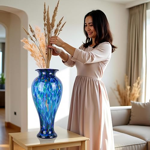 Miniatura 4 de Jarrón de vidrio azul verde azulado de 20 pulgadas de alto, soplado a mano, florero grande de vidrio para decoración del hogar, bonitos jarrones