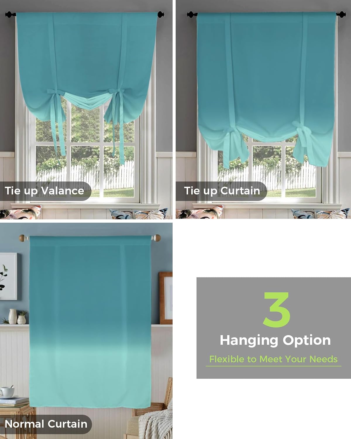 YOKOU Bow Look Tie Up Balloon Curtain, Gradient Teal Ombre Adjustable Rod Pocket Window Shades Drape for Living Room, Bedroom，Kitchen 1 pcs 52 x63 inch