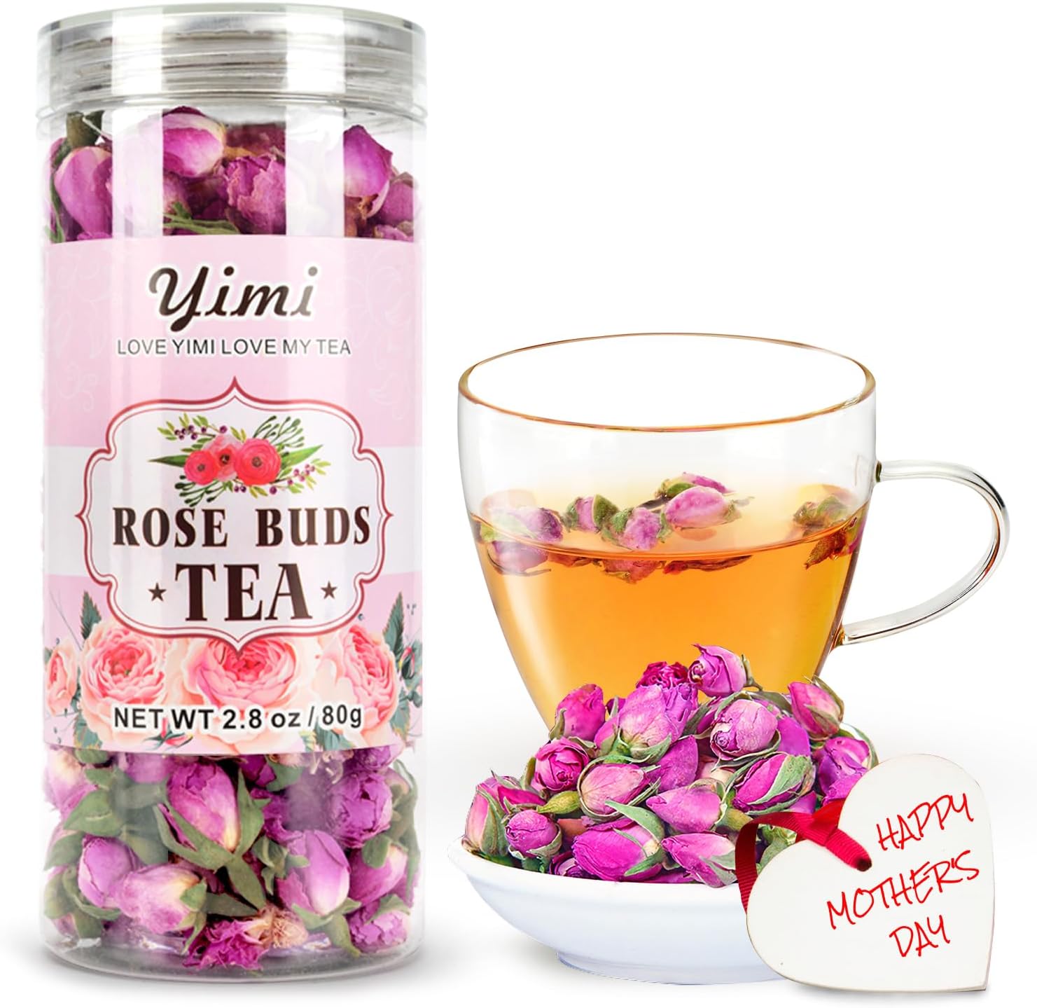 Yimi Rose Buds Tea, Whole Edible Dried Roses Loose Leaf Flowers, Floral Herbal Tea Beverages, Ideal Gift for Mother's Day, 2.8 Oz