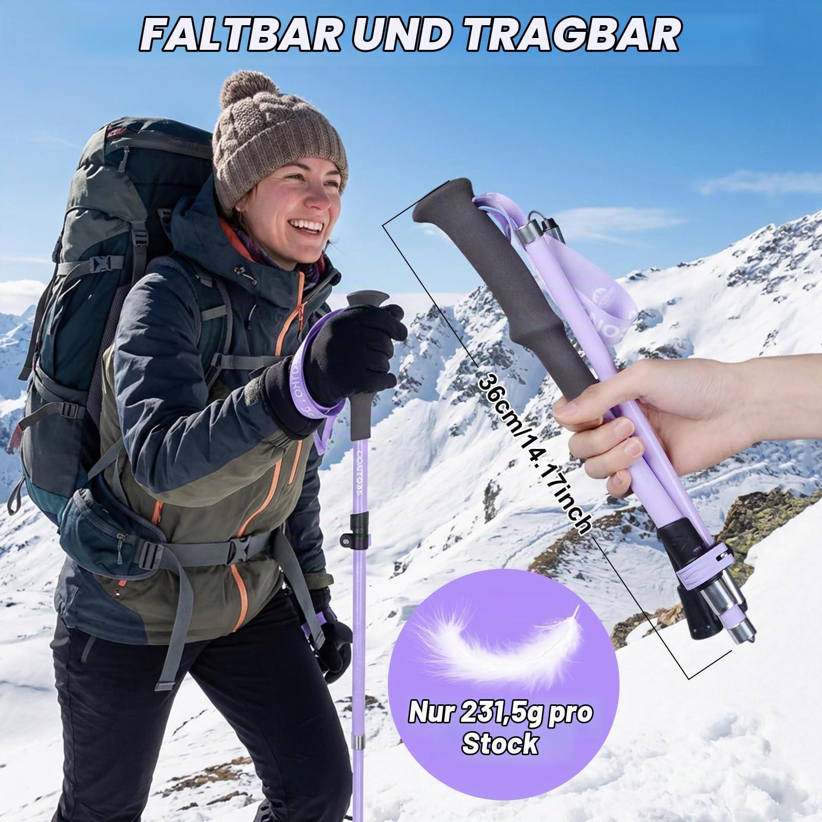 Qoosea Wanderstock für Damen, Premium Walking Stock Teleskop 110-125cm, [Kohlefaser] Faltbarer Trekkingstock mit Gummipuffer & Tasche, Hiking Pole für Wandern, Nordic Walking und Skitouren