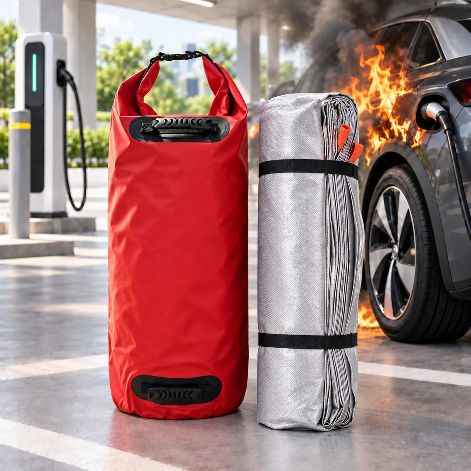 E-Auto Löschdecke, Notfall Fahrzeug Feuerlöschdecke aus doppelseitig silikonbeschichtetem Fiberglas bis 1100°C, Verschiedene Größen für Garage, Parkplätze und Ladebereiche 6m*8m