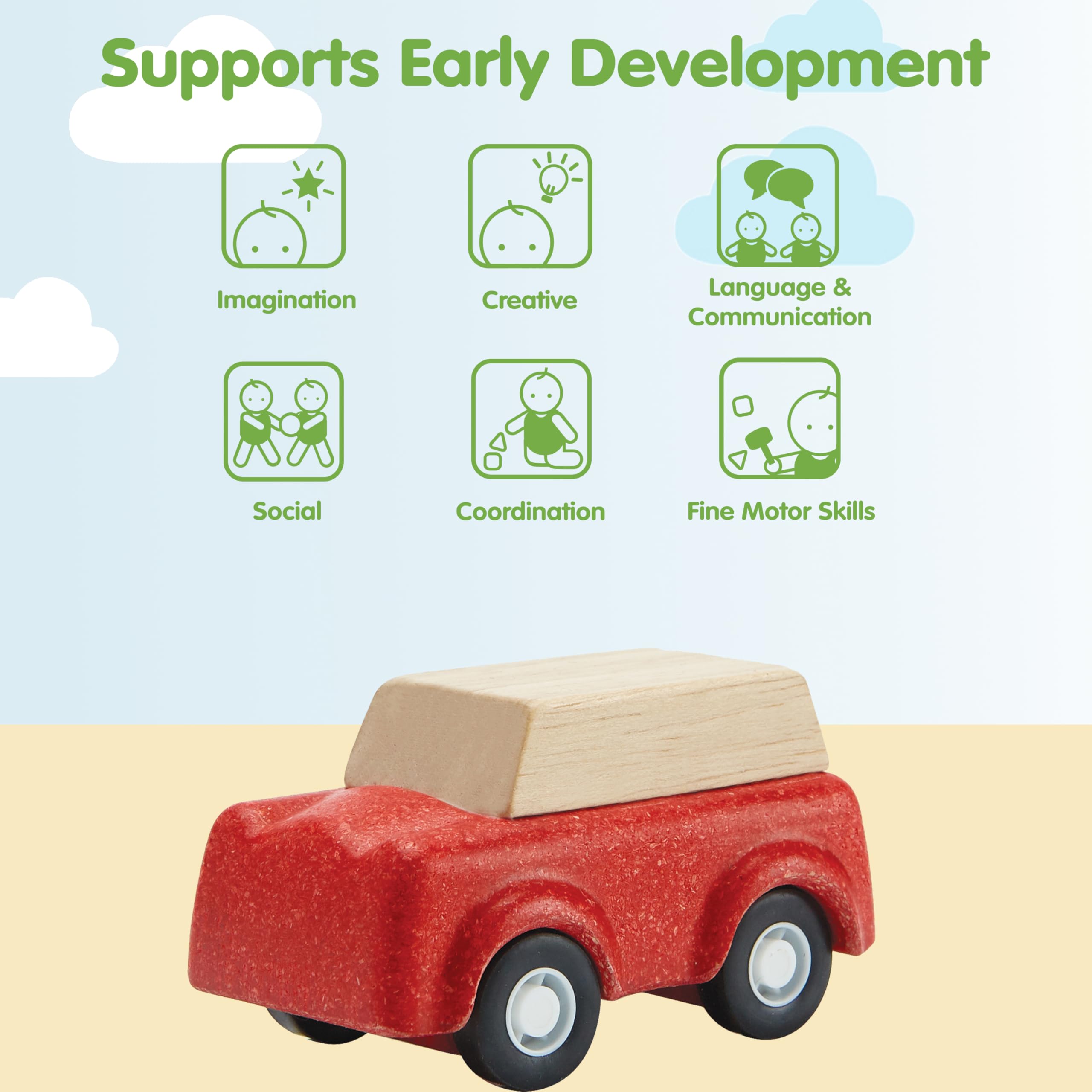 PlanToys, Auto in legno rosso, giocattolo ecologico, per bambini tra 2 e 6 anni