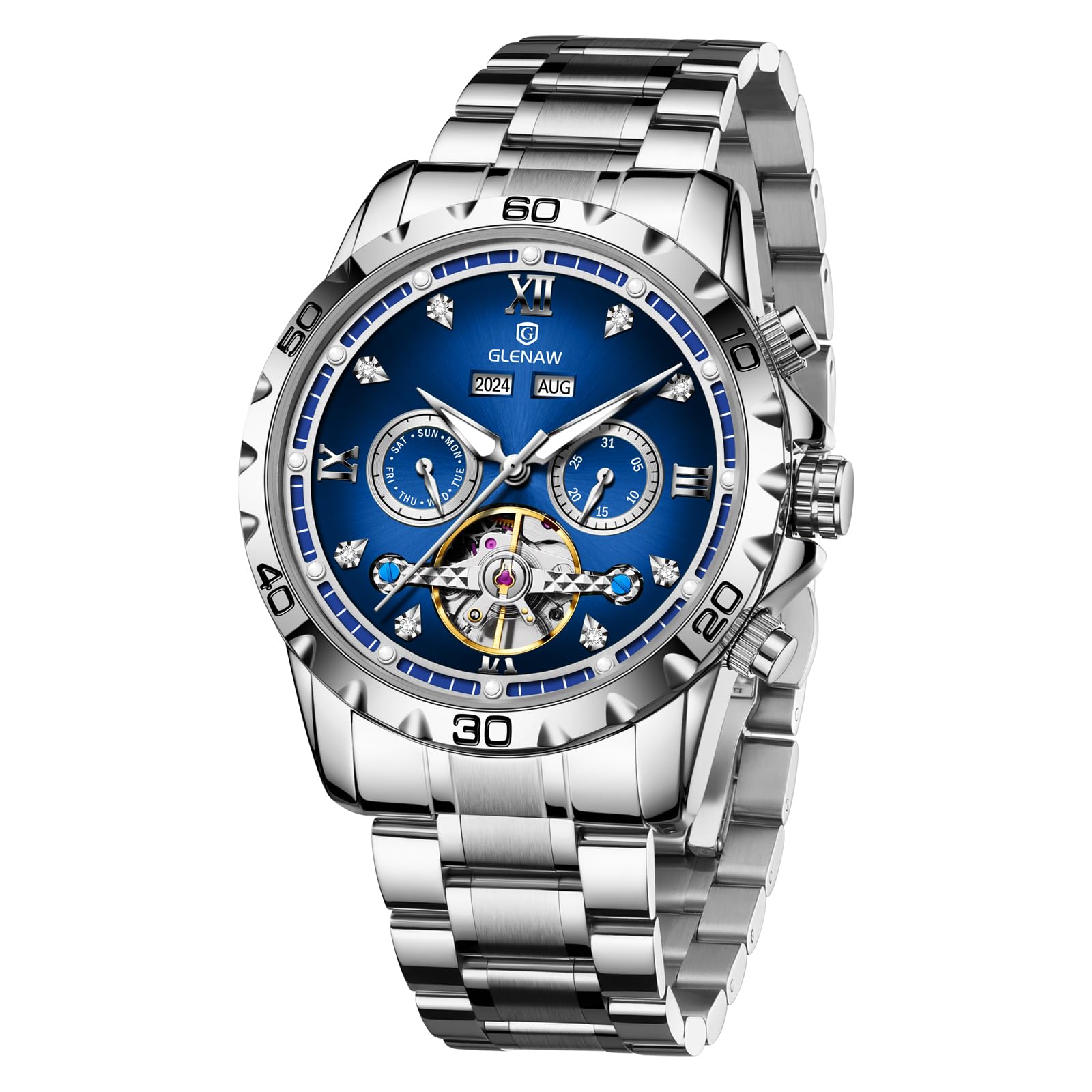 GLENAW Automatikuhr für Herren, Skelett, römische Ziffern, Diamant-Zifferblatt, Edelstahl, wasserdicht, Tag, Datum, Business, Freizeit