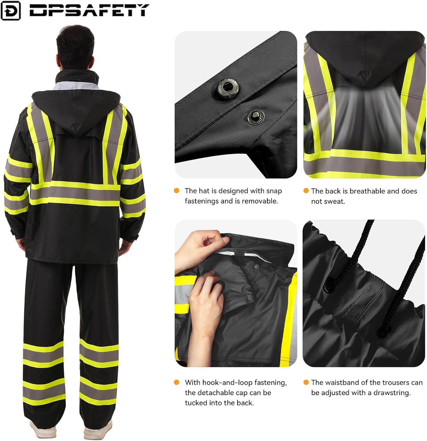 Hi Vis Safety rain Jacket,Reflective Class 3 Rain coat with Inner Mesh Lining and Pockets High Visibility Waterproof work Rain Suits for men&women(Black,LG/XL) - Image 3