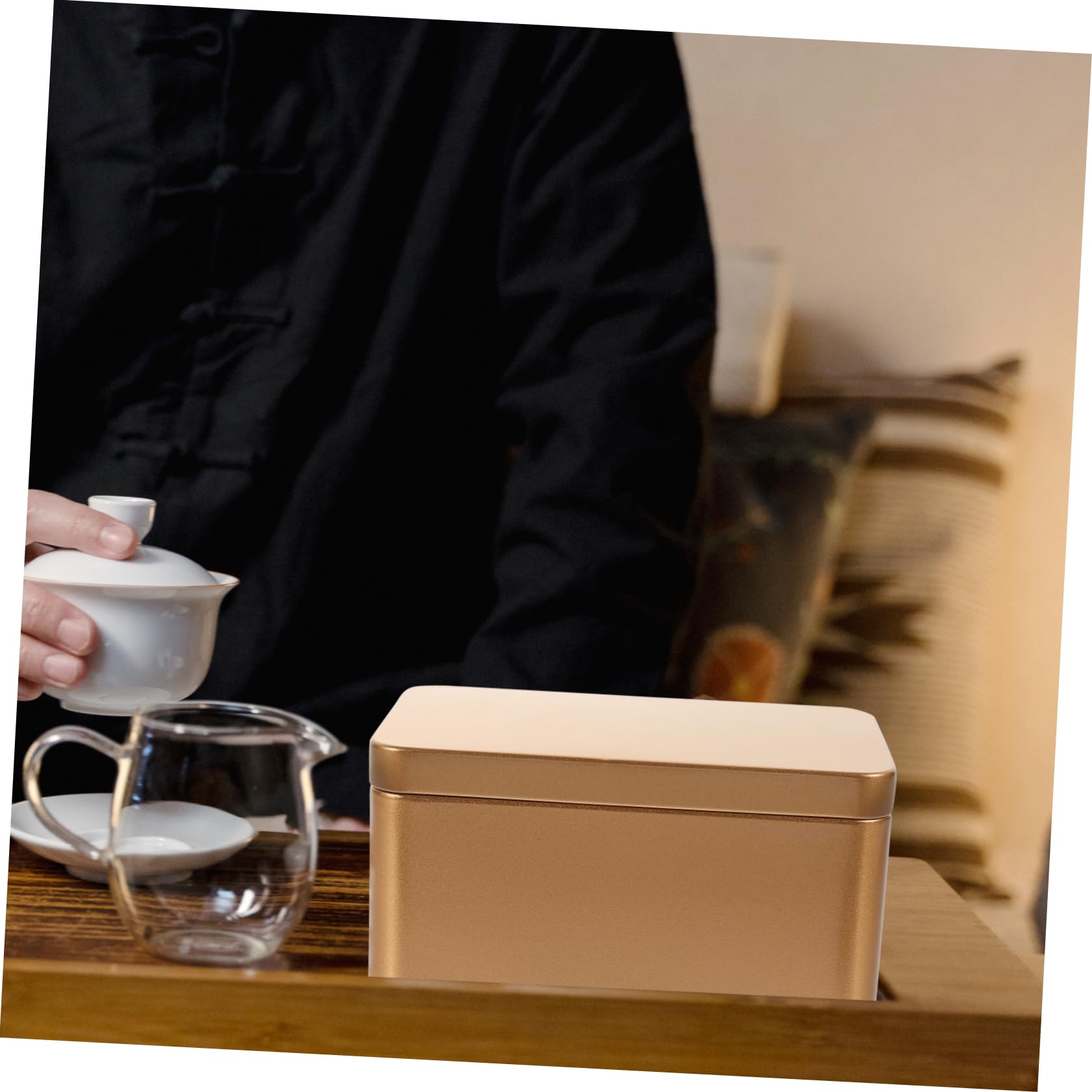 VALICLUD Rectangular Tinplate Tea Leaf Storage Container Mini Portable Organizer for Home Golden for Candies Snacks and Items Easy to Open Design