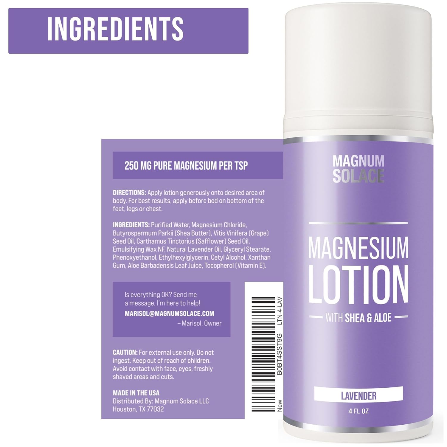 Magnum Solace Magnesium Lotion – Super Concentrated – Made with Aloe and Shea – Safe for Kids, Made in the USA (Lavender)