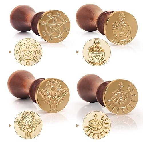 Miniatura 3 de Wiccan - Sello de cera de pentagrama, patrón de pentáculo mágico pagano, fases de luna redondas, cabeza de metal para sobres, astrología, regalo de