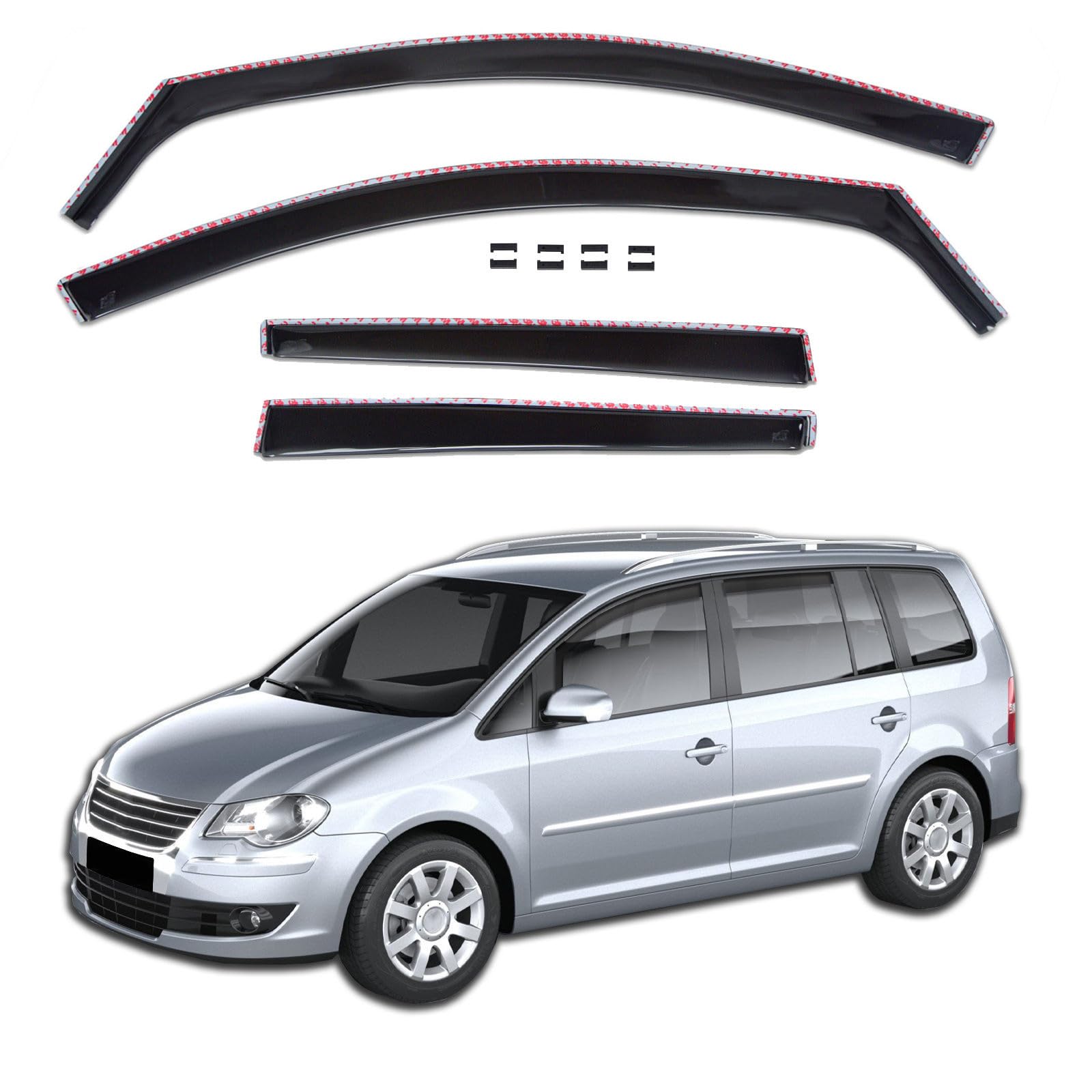 J&J AUTOMOTIVE GD Déflecteurs d'air et de Vent pour Volkswagen Touran 2003-2015, Ensemble 4pcs, Teintés, Avant et Arrière, Aérodynamique