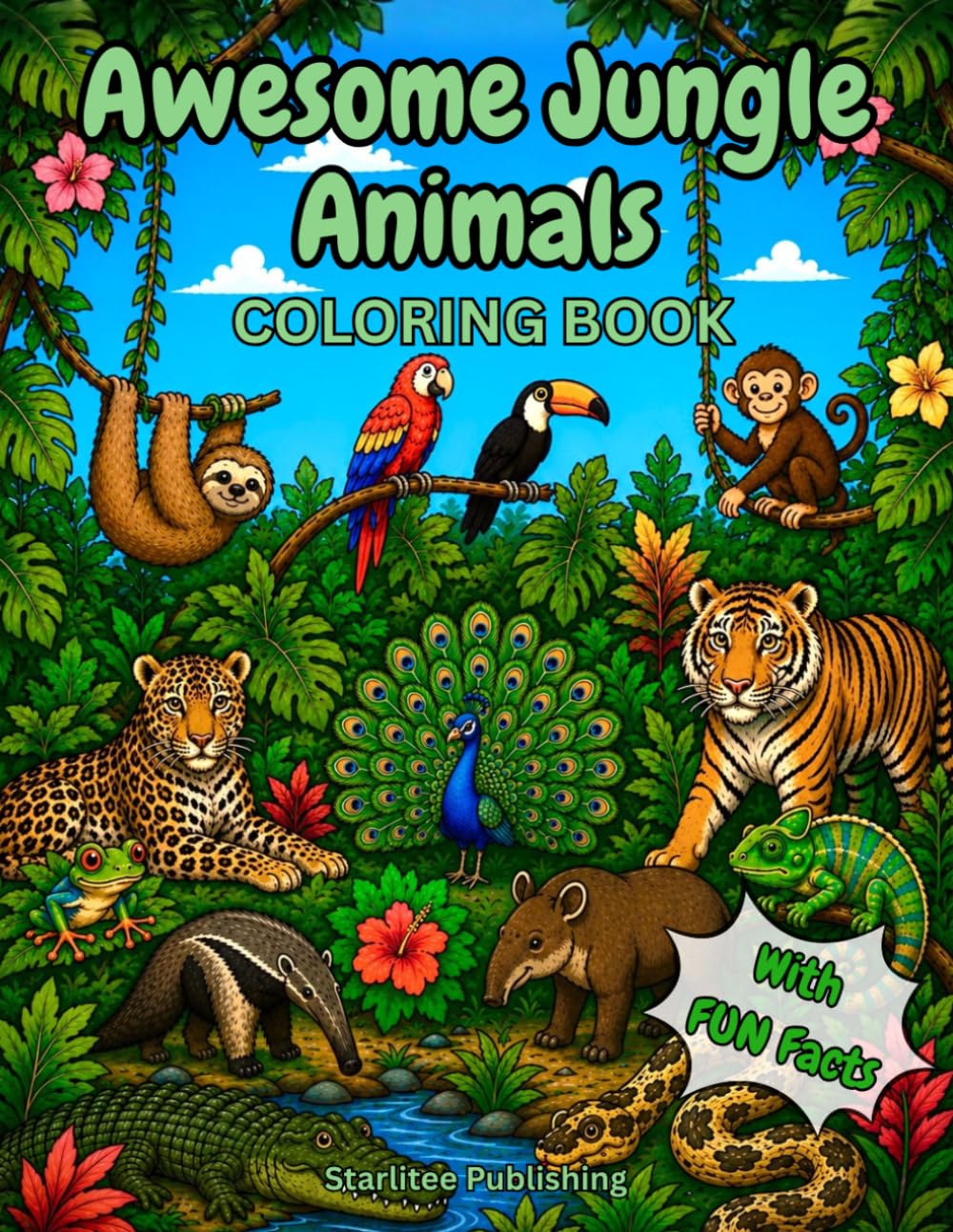 Awesome Jungle Animals Coloring Book with Fun Facts: A Wild Rainforest Adventure with Jungle Animal Names and Fascinating Things to Learn for Curious Kids
