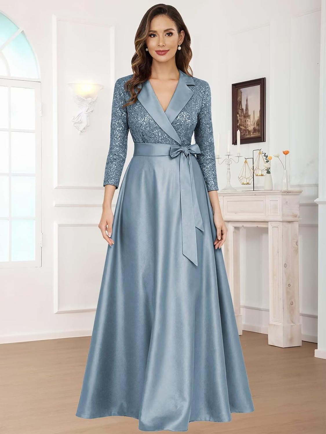 Sequin Satin Mother of The Bride Dresses for Women 3/4 Sleeves V Neck Long Formal Wedding Guest Dresses with Pockets - Image 3