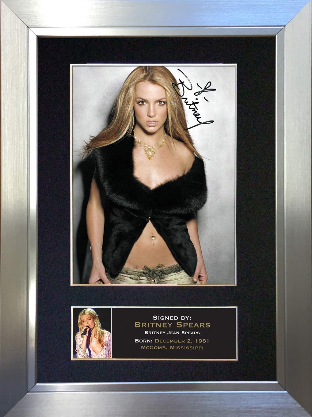 The Autograph Collector Black,Gold,Silver Britney Spears Signed Autograph Mounted Photo Reproduction Print A4 Very Rare (297 X 210Mm) #238 (Silver Frame)
