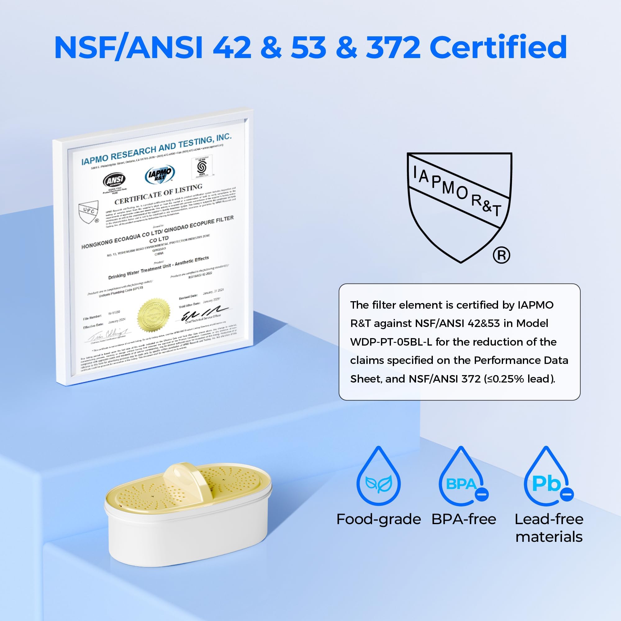[Oryginalne] Wkłady filtrujące do wody Waterdrop WD-PF01A-P wymienne filtry do wszystkich dzbanków Waterdrop i systemu filtracji dozownika, certyfikat NSF 53, 42 i 372, redukują chlor, kadm, miedź
