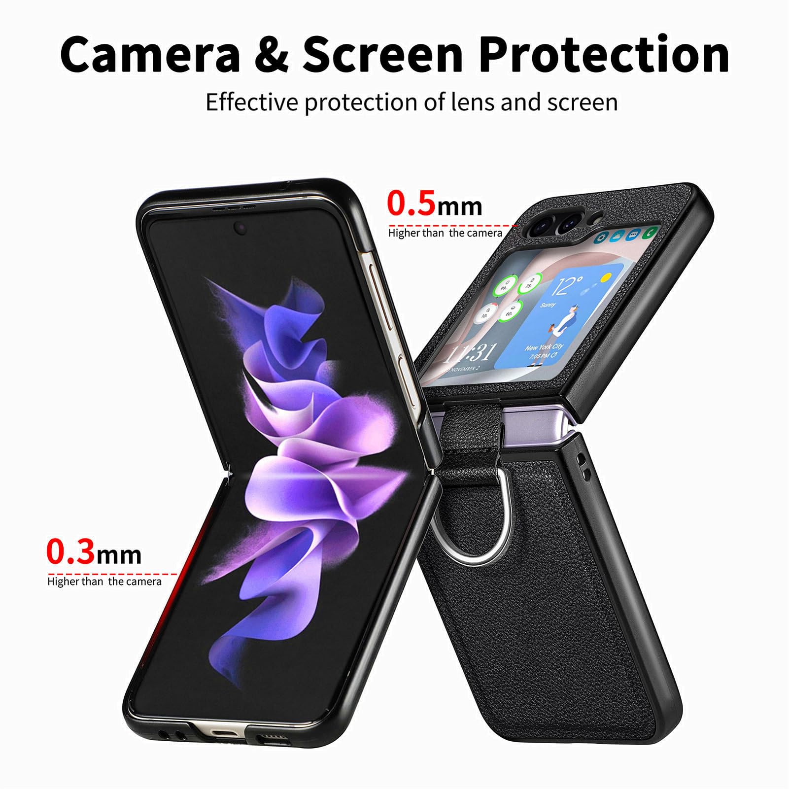 Cover Sottile per Samsung Galaxy Z Flip 6, retrò Texture Litchi Copertura in Pelle con Anello Cover per Uomini E Donne,Rosso