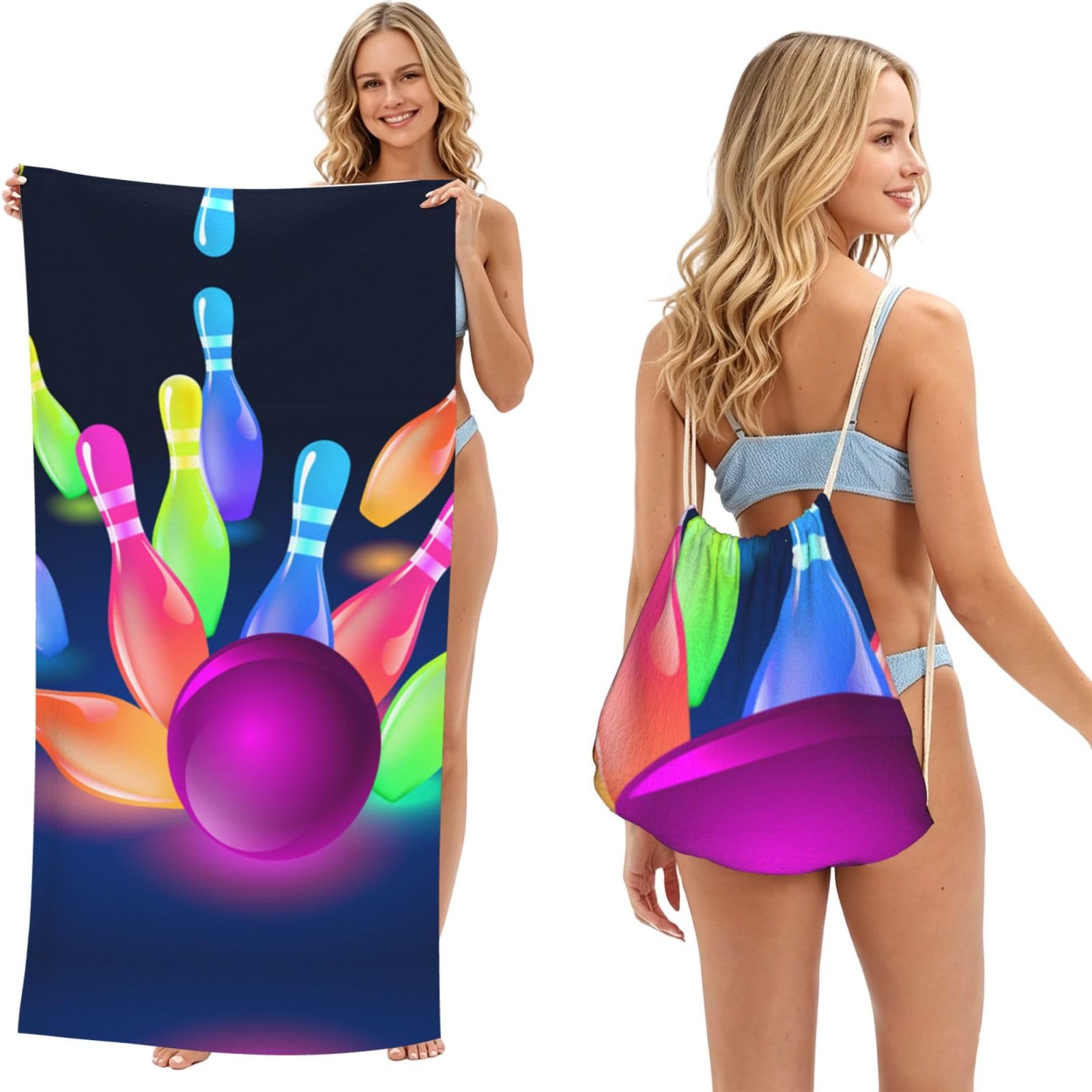 ESNAIUVCD Bowling Balls Print Beach Towel For Adults,Towel With Drawstring Bag, Travel Pool Swimming Sports Shower Sand Free Quick Dry Bath Towel For Pool, Beach, Yoga- 180x60cm