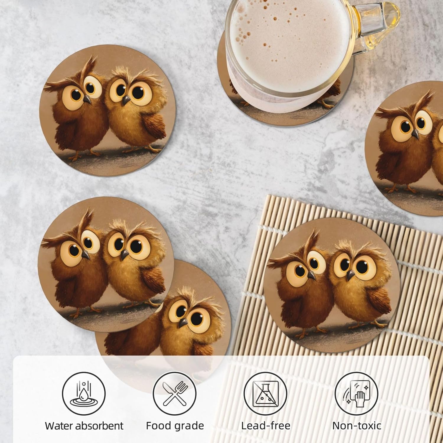 (Cute Brown Cartoon Owls) Ceramic Coasters Set of 6 with Holder Non-Slip Round Coffee Coasters for for Cup Mug Drink Patio Coffee Table Decor, Christmas Coasters Home Bar Supplies