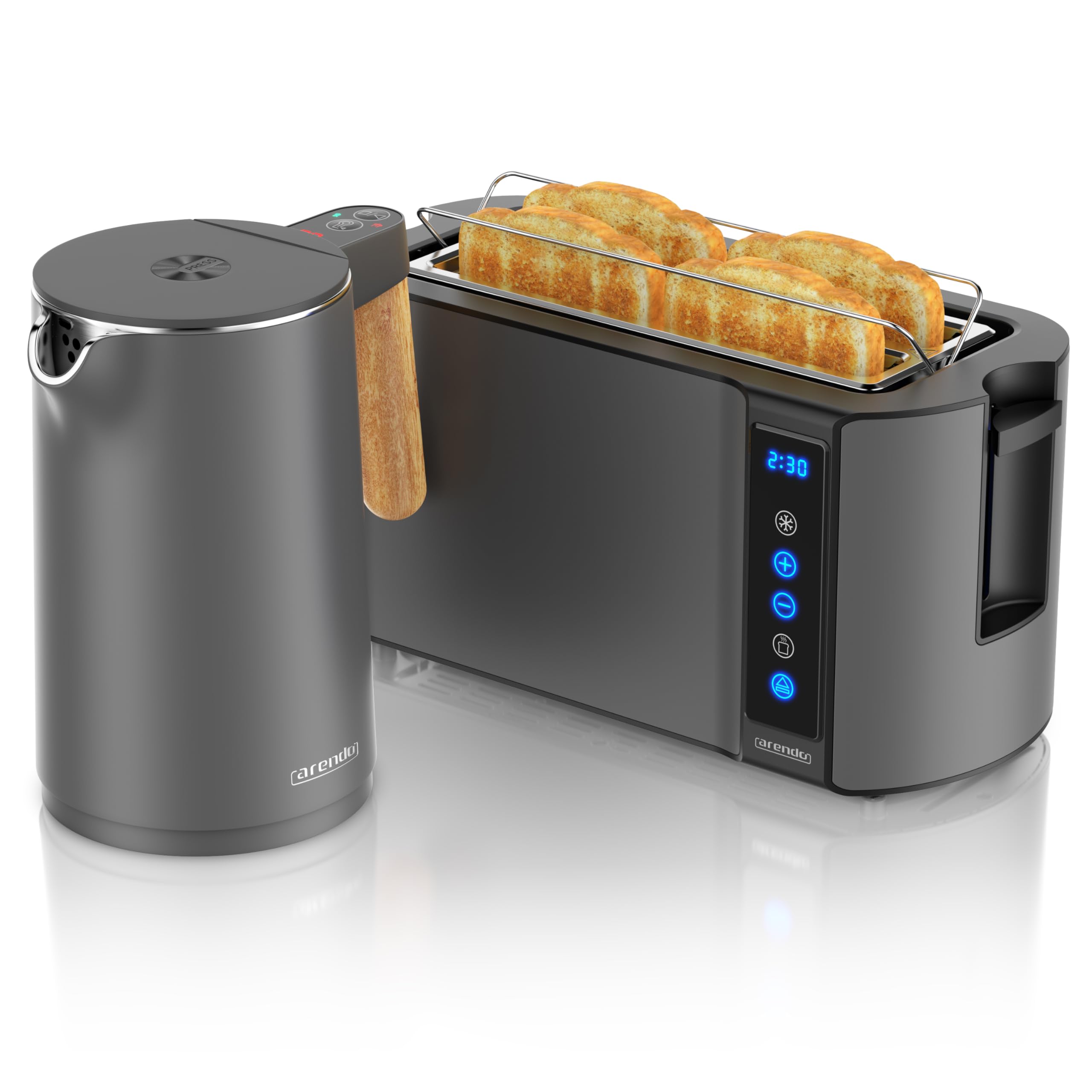 Arendo Wasserkocher Toaster Set Edelstahl 45-100 Grad Warmhaltefunktion 4 Scheiben Touch Display Brötchaufsatz Cool Grey