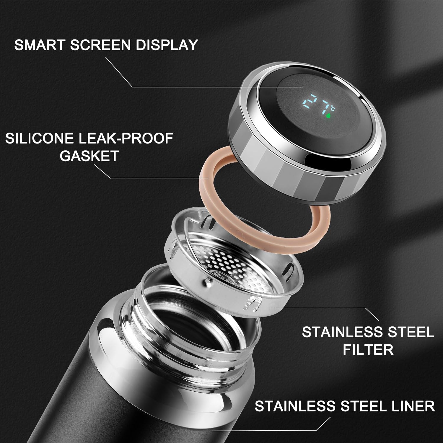Homealexa Tazza da Viaggio 800ml in Acciaio Inox 304, Borraccia Termica con Display Touch per Temperatura, Tazza Isolata Caldo/Freddo