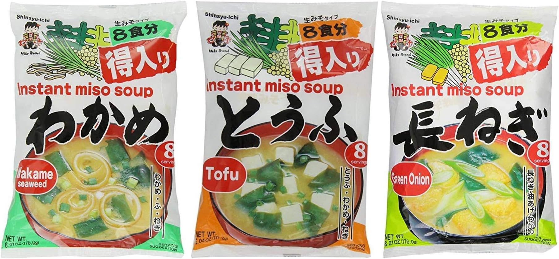 Miyasaka Japanese Miso Soup 3 Pack bundle: Tofu, Green Onion, Wakame