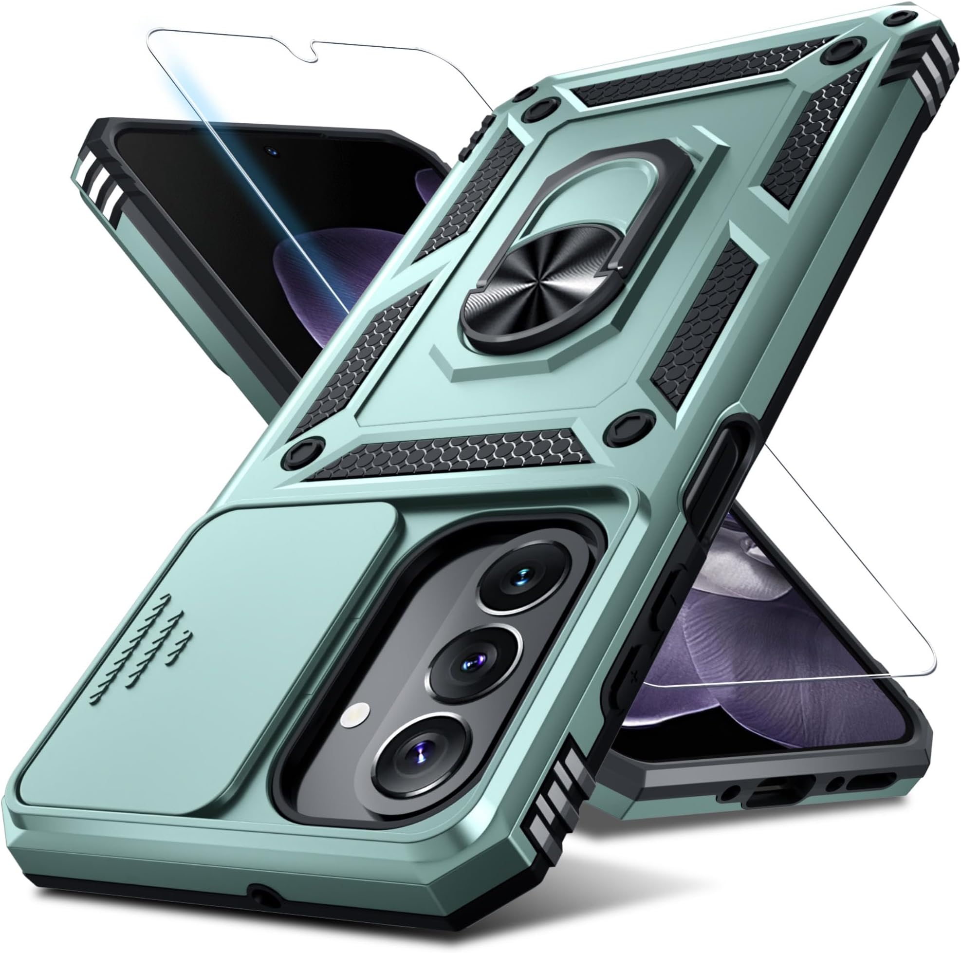 Janmitta Compatible with Samsung Galaxy A26 5G Case Built in Slide Camera Lens Cover+Screen Protector+Finger Ring Holder Kickstand,Heavy Duty Shockproof Full Body Phone Cover,2025 Dark Green