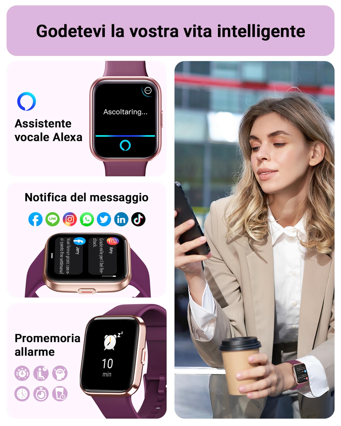Tensky Orologio Smartwatch Uomo Donna 1,8" Smart Watch con Rispondi/Fai Chiamate, Alexa Integrata, 110+ Sport, Contapassi Monitoraggio Sonno SpO2 Frequenza Cardiaca, Impermeabile IP68, per Android iOS