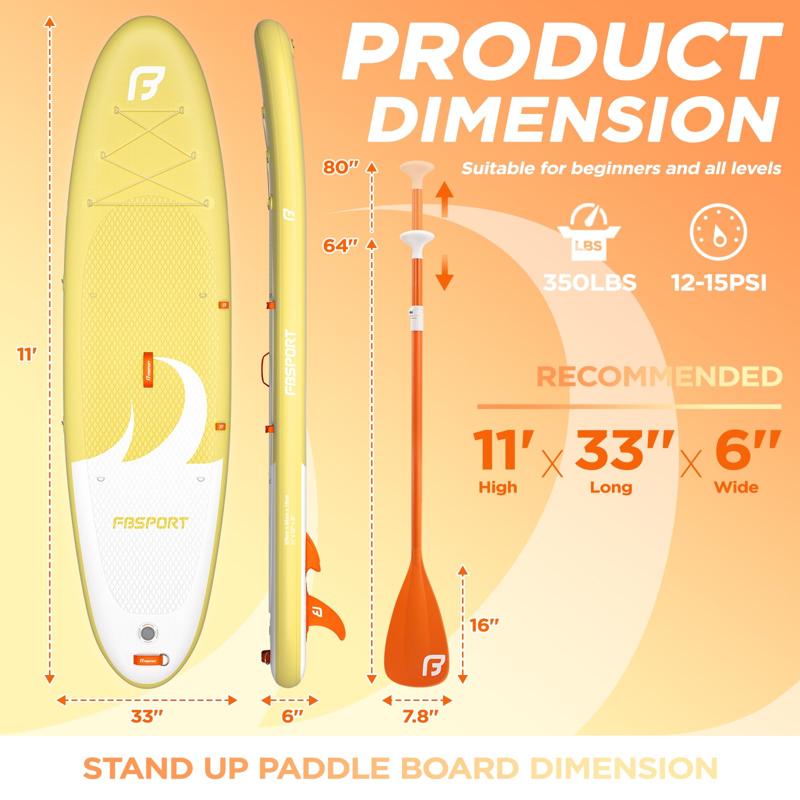 FBSPORT Tavola SUP Gonfiabile SUP 335CM per Adulti e Giovani, Stand Up Paddle Board Spessa 15 cm tavola da Surf tavola da SUP con Pagaia Regolabile, Zaino, Pompa & Pinna Rimovibile Surfboard